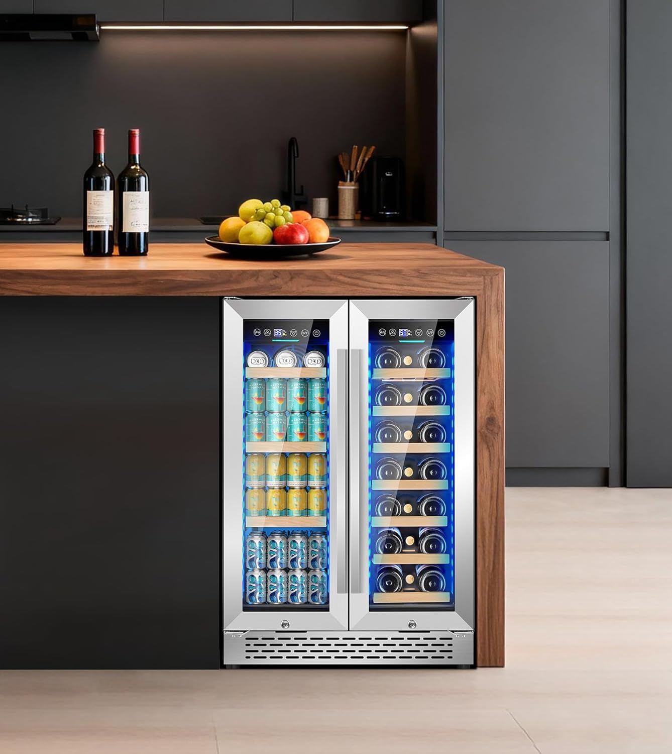 24 Inch Wine and Beverage Refrigerator, 90 Can & 21 Bottle Dual Zone Under Counter or Freestanding Wine Beverage Cooler, 3 LED Stainless-Steel Fridge with Glass Door Fast Cooling for Home/Kitchen
