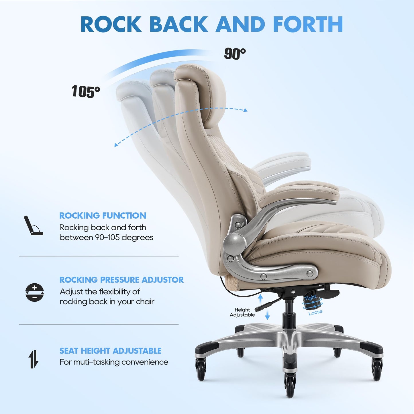 COLAMY Office Ergonomic Desk High Back Executive Chair with Pop-Out Lumbar Support, Upgraded Casters, Adjustable Headrest, Flip-Up Arms, Leather Home with Thick Cushion for Comfort - Khaki