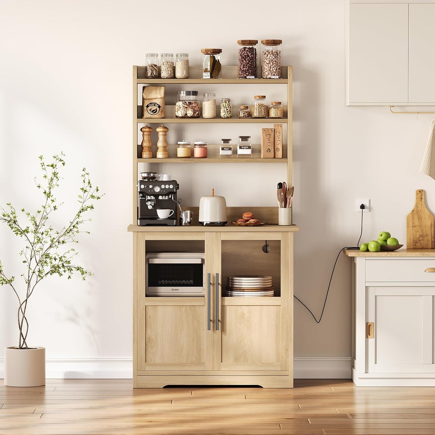 Farmhouse Bakers Rack with Power Outlet, Microwave Stand Cabinet with Thickened Countertop and Storage Shelves, Small Kitchen Coffee Bar Station, Freestanding Pantry Organizer for Dining Room