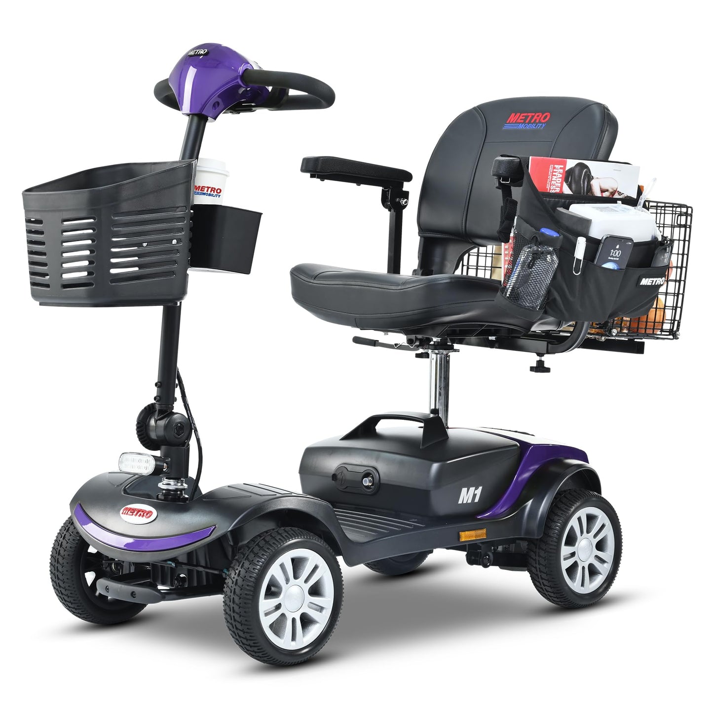 KEIKI 4 Wheel Mobility Scooter Folding Travel Mobility Scooter for Adults, Battery Powered Electric Mobility Scooter w/Baskets, Storage Box, LED Lights, 10 Miles Range & 300Ibs Capacity, Dark Purple