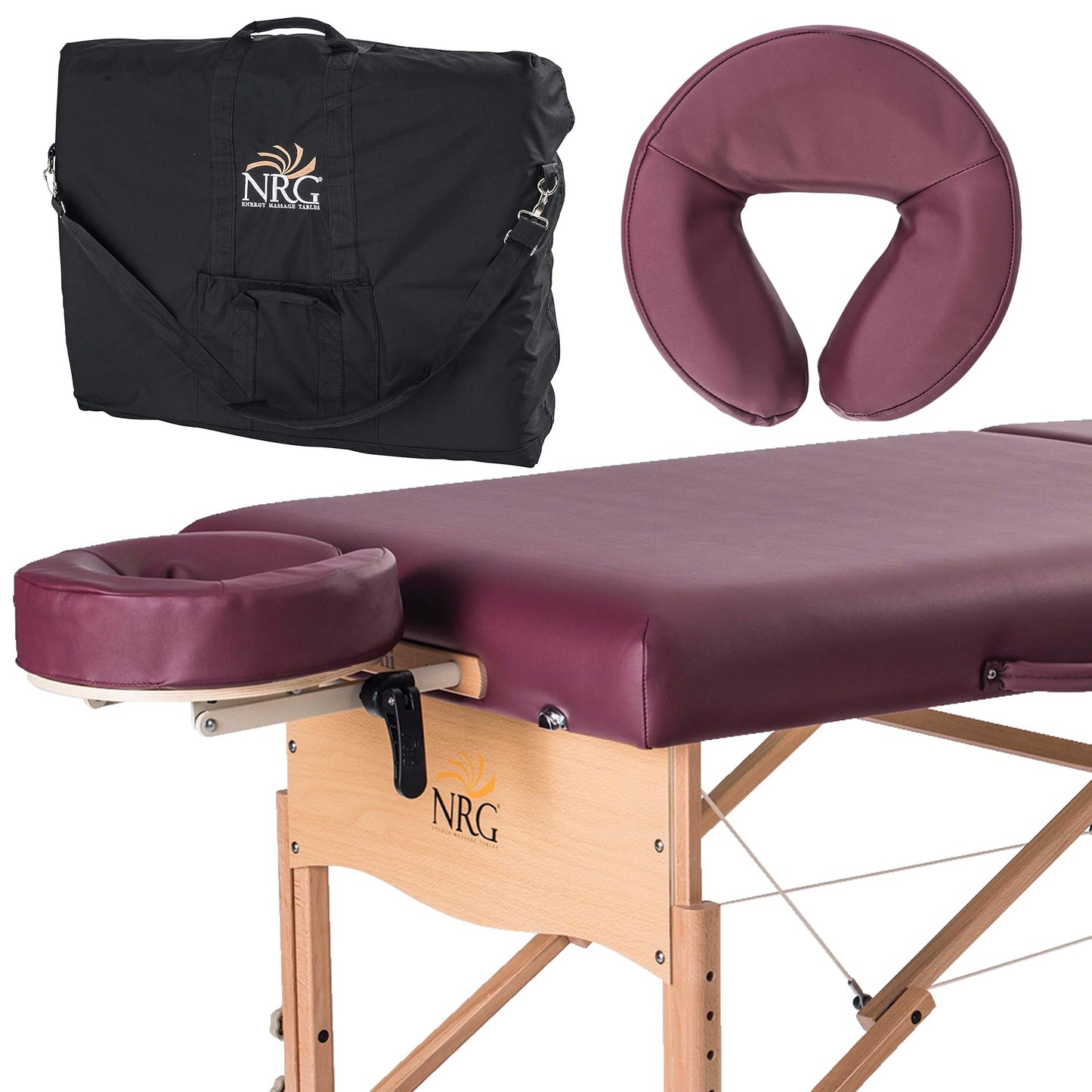 NRG Chi Portable Massage Table Package | Burgundy | Folding Lightweight Massage Bed | Professional Spa Table with Face Cradle, Double Wheel Knobs & Carrying Case
