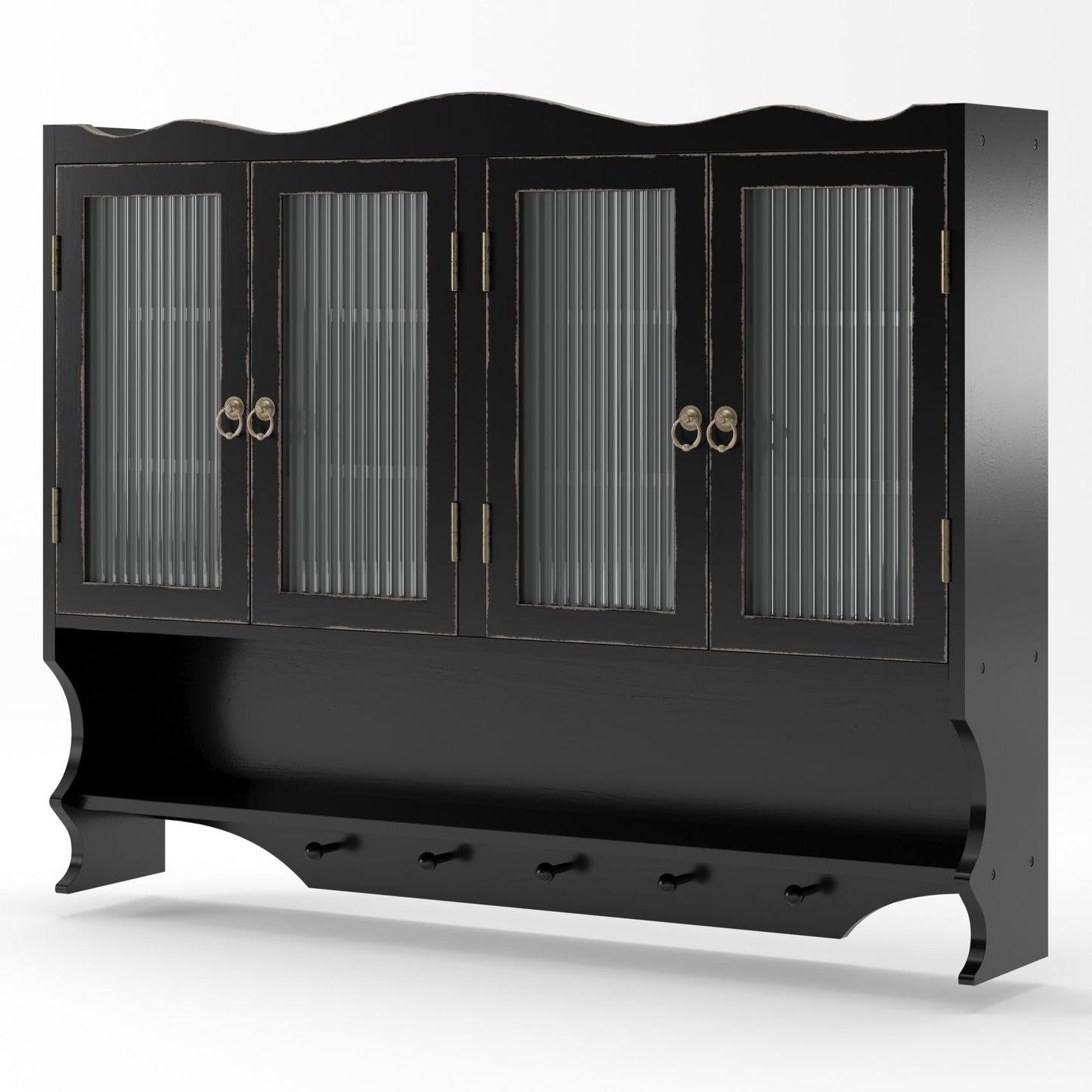 KEIKI 39.37" L Wall Mounted Kitchen Sideboard Cabinet with 4 Glass Door, 5 Hook Rack, 4 Layers Shelves, Retro Storage Buffet Medicine Cabinet for Bathroom, Dining Rooms, Entryway, Solid Wood, Black