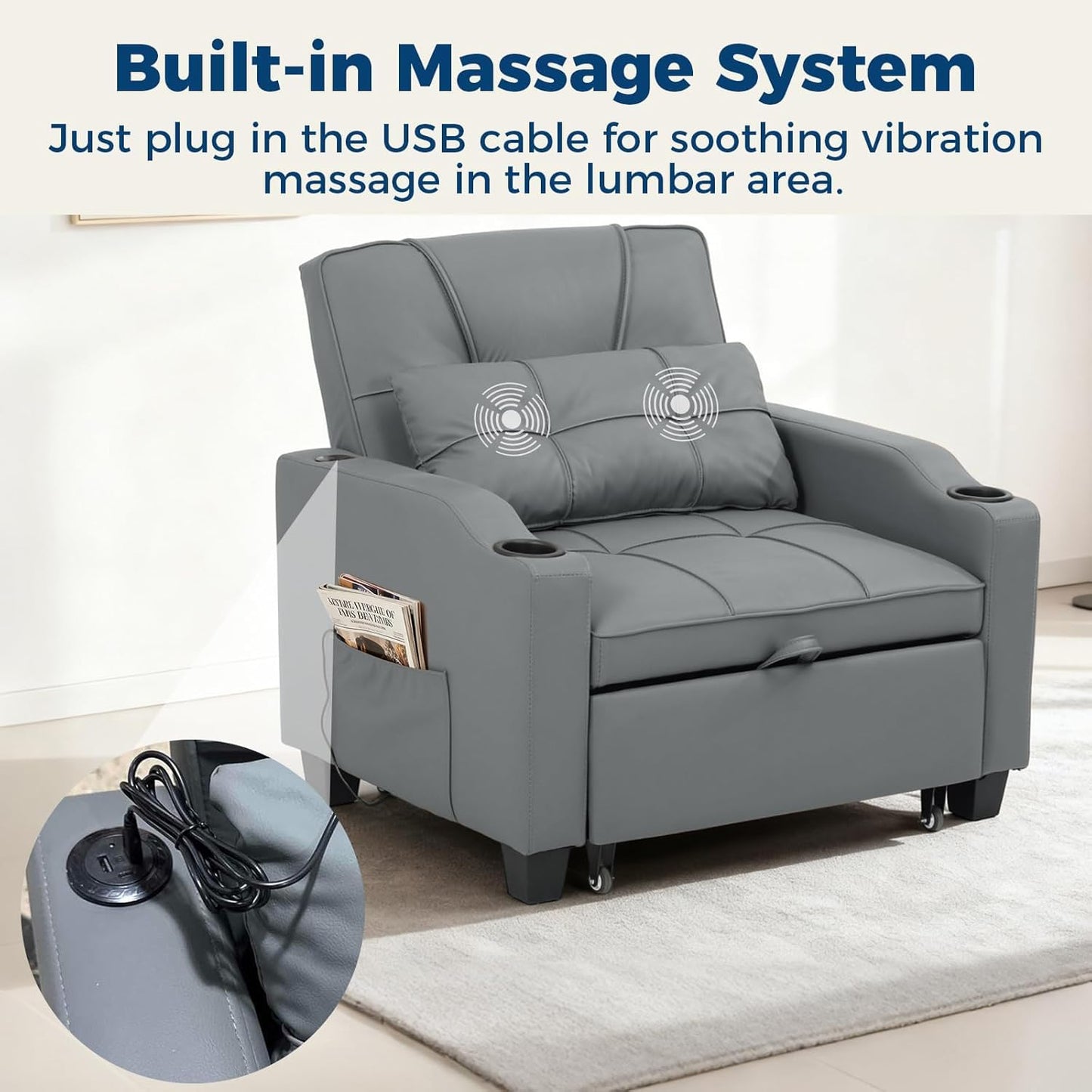 Sleeper Chair Pull Out Bed, 4 in 1 Convertible Sofa Chair Bed with Vibration Massage Lumbar Pillow, Single Sofa Recliner with USB/Type-C Port, Cup Holders and Side Pocket for Small Spaces (Grey)