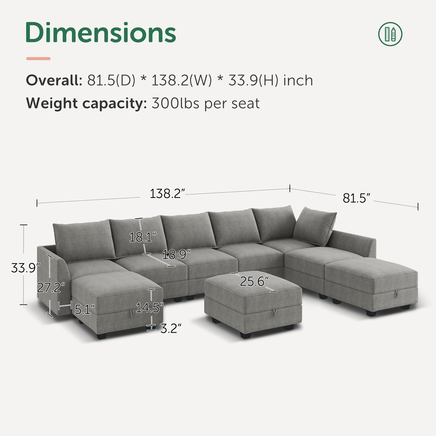 HONBAY Oversized Modular Sectional Sofa with Storage Seats Reversible Couch with Ottomans U Shaped Modular Sectional Couch for Living Room, Grey