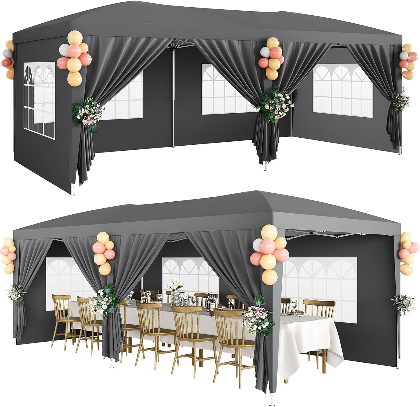 IDEALHOUSE Pop Up Canopy Tent, 10x20 FT Easy Up Outdoor Gazebo with 6 Removable Sidewalls, 3 Adjustable Heights, Portable Party Tent for Backyard, Events, Patio, Parking