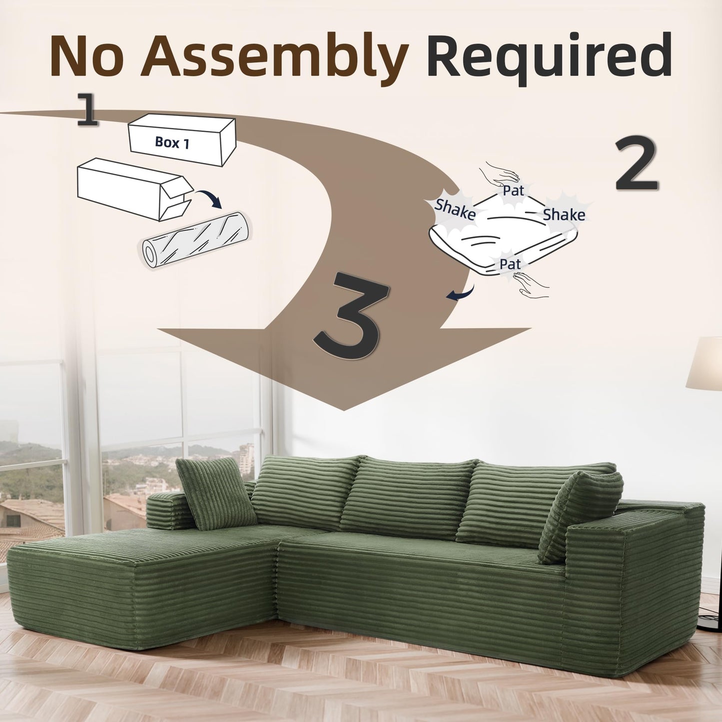 Topcomfy 106” Modular Sectional Sofa, Cloud Sectional Couch with High-Density Memory Foam, L-Shaped Boneless Sofa for Living Room, Pet-Friendly Corduroy Modular Couch, No Assembly Required Green