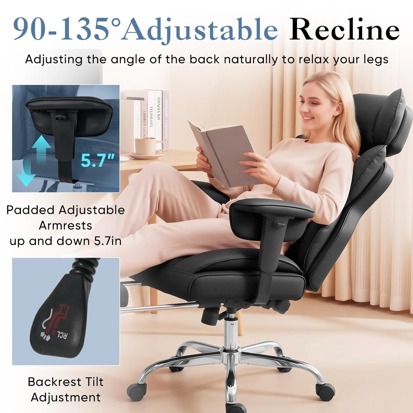 DUMOS Big and Tall Home Office Desk Chair, Gaming Computer Chair, Executive Ergonomic Chair with Footrest, High Back Reclining, Adjustable Armrests and Comfy Lumbar Support, PU Leather, Black