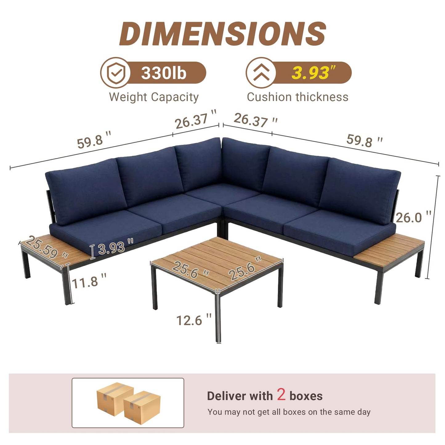 KEIKI 4-Piece L-Shaped Outdoor Patio Furniture Set, Rattan Patio Conversation Set with Coffee Table & 1 Corner Sofa & 2 Double Sofa, Wicker Curved Sectional Sofa Set, for Backyard, Dark Blue
