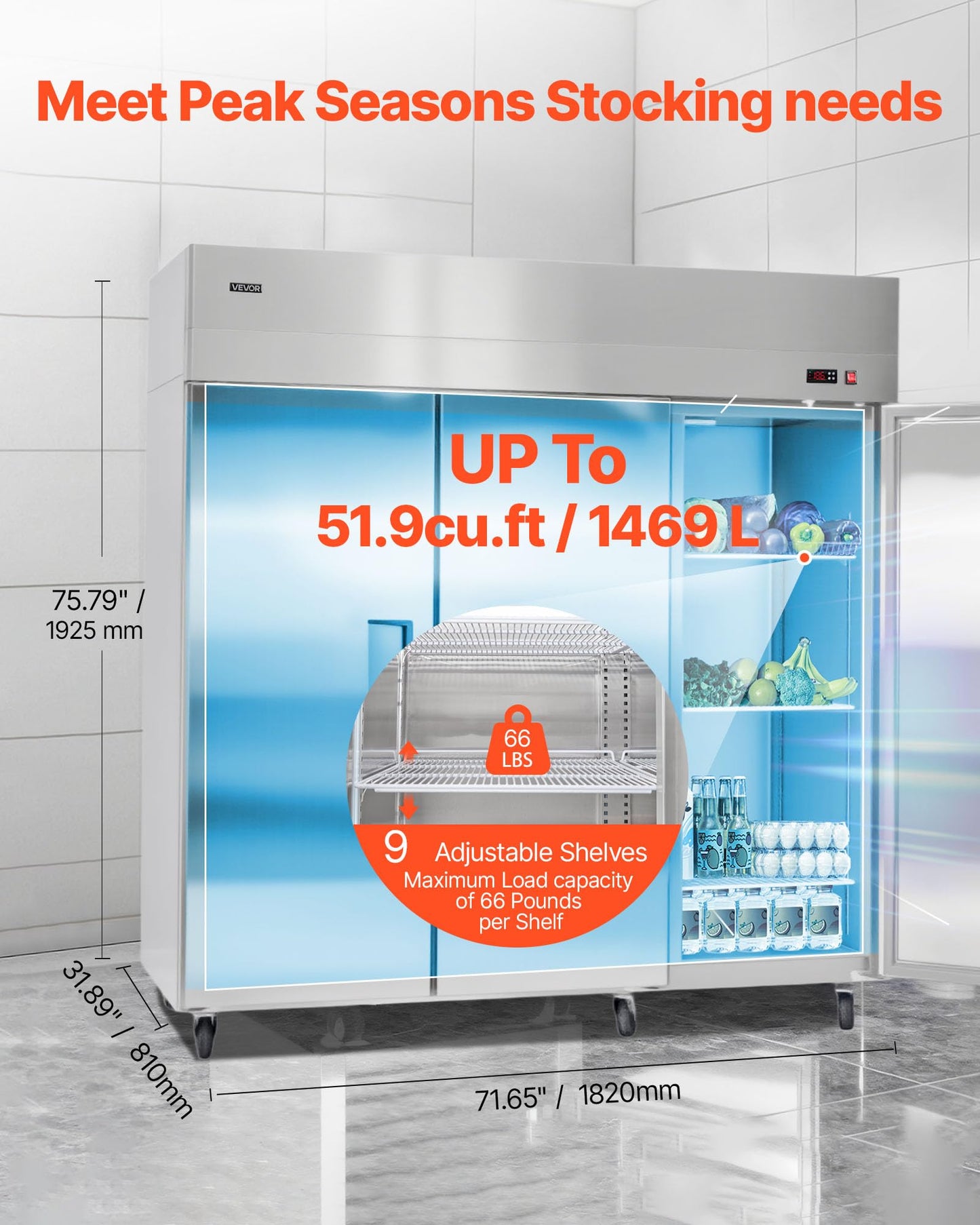 VEVOR Commercial Reach-In Refrigerator 72" W, 52 Cu.Ft Stainless Steel Upright Refrigerator with Three Doors, Auto-Defrost, 9 Adjustable Shelves, 32 to 50℉ Temp Control, UL Certified
