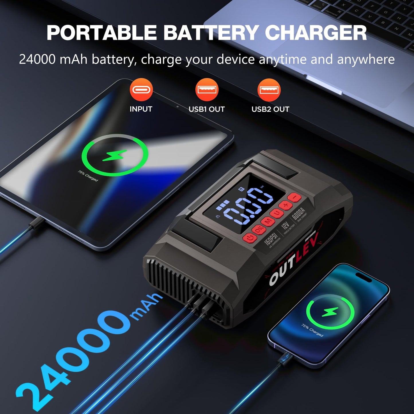 OUTLEV Jump Starter with Air Compressor for All Gas & 10.0L Diesel Engines, 6000A Jump Starter Battery Pack, Portable Power Bank, Safety Protection, Self-Driving Tour Essential