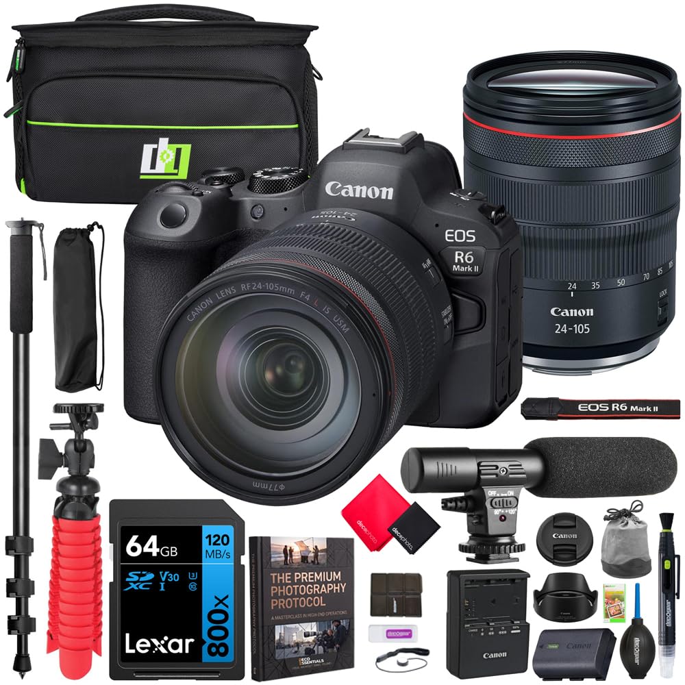 Canon EOS R6 Mark II Full Frame Mirrorless Camera Body with RF 24-105mm F4 L is USM Lens 5666C011 Bundle with Deco Gear Camera Bag + Microphone + Monopod + Photography Pro Ebook & Accessories Kit