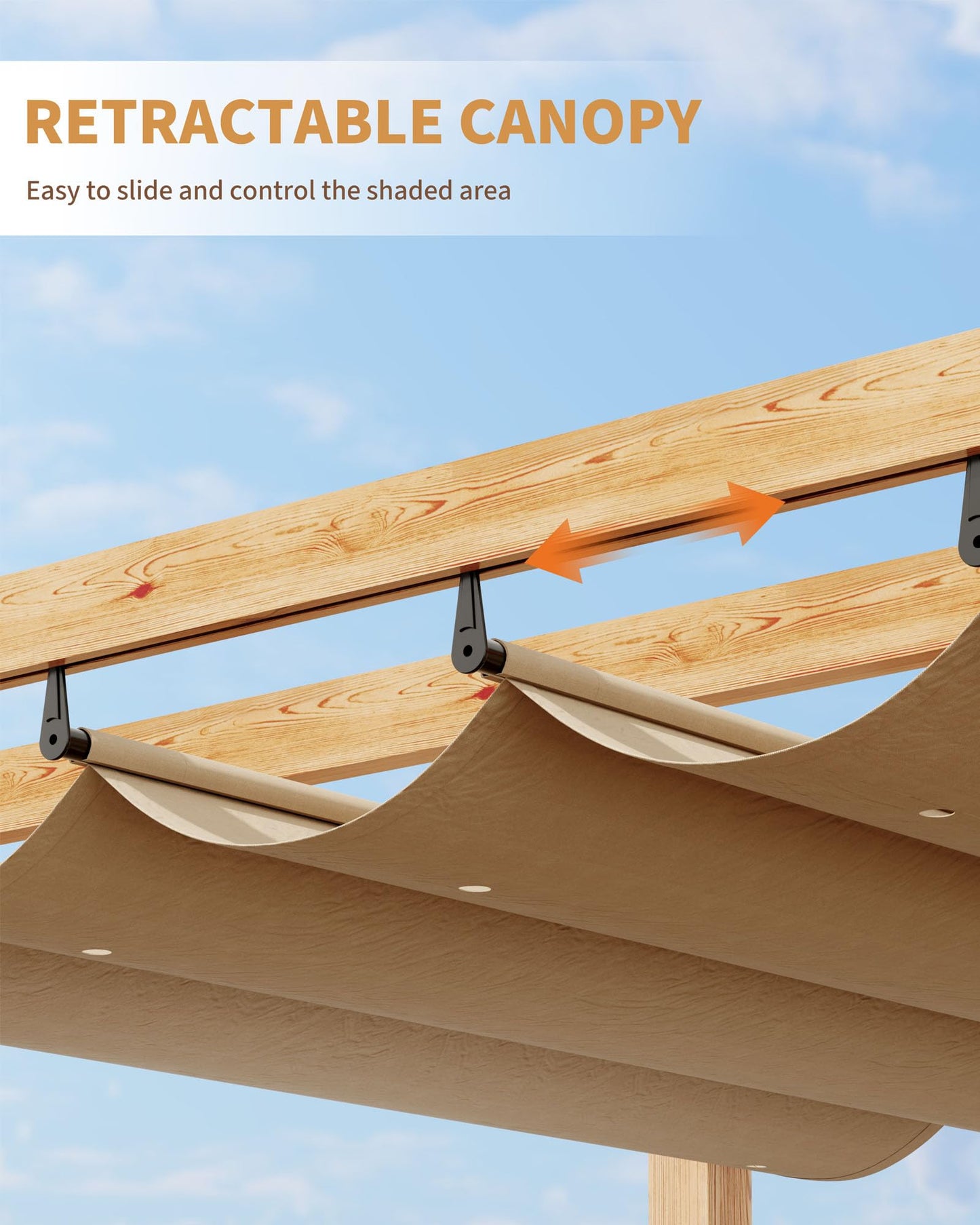 KYBOLT 10x10 Ft Aluminum Pergola Outdoor Gazebo with Retractable Canopy Imitation Wood-Grain Sun Shade Shelter for Garden Patio Backyard Deck(Khaki)