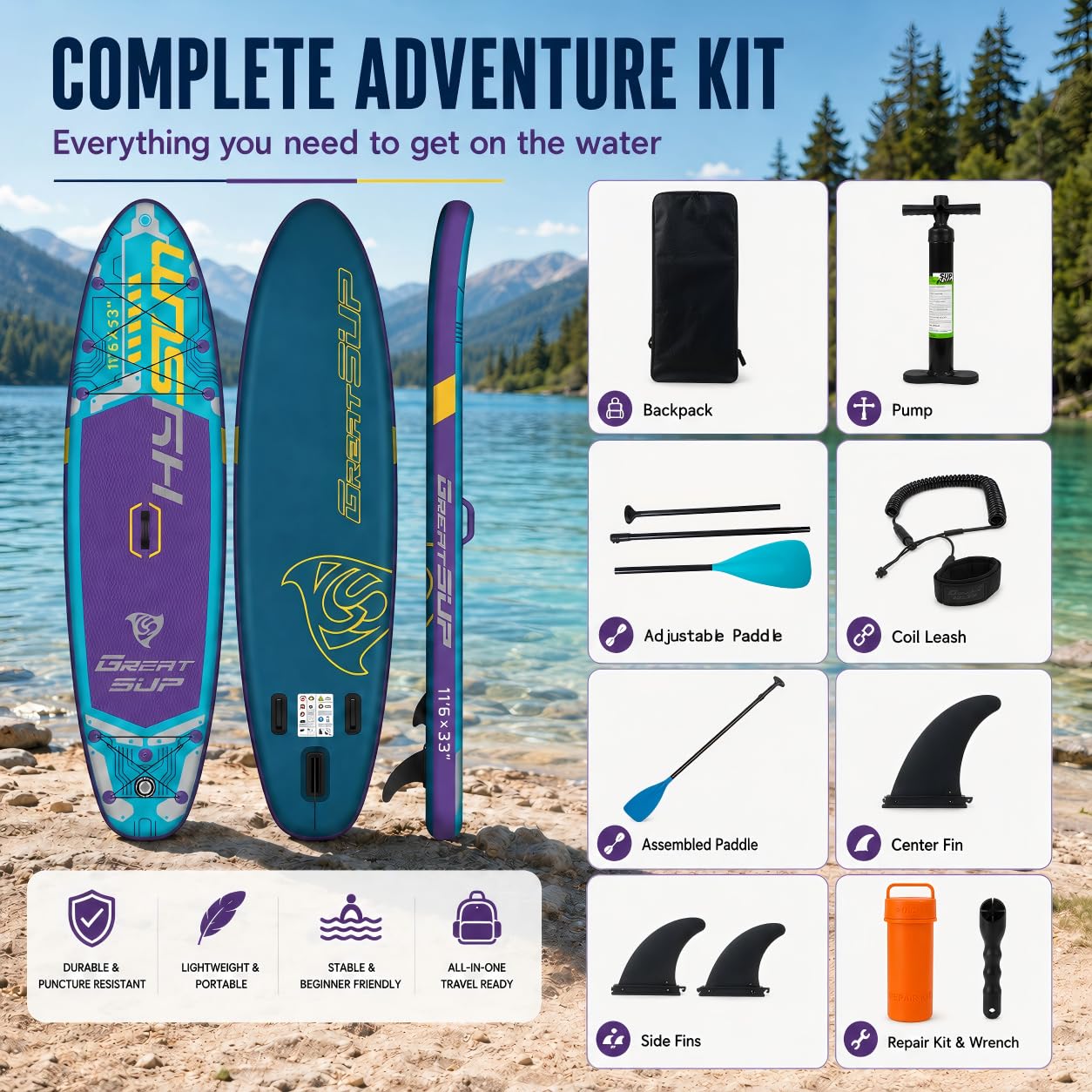 11'6'' Inflatable Stand Up Paddle Board for Adults, Non Slip Deck Blow Up Paddle Board for Fishing Yoga, Paddleboards with SUP Accessories, Fins, Leash, Air Pump, Seat, Backpack
