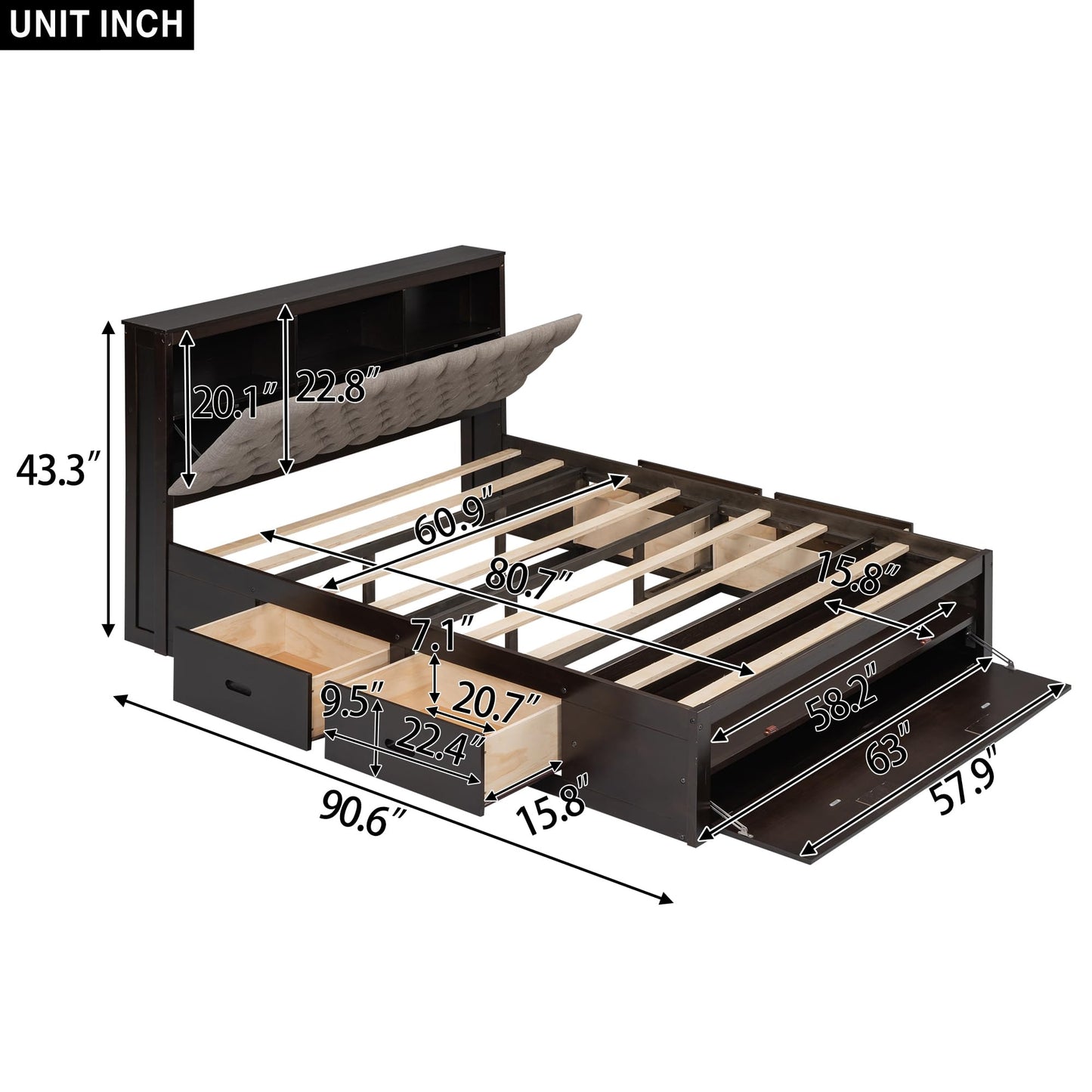 Merax Queen Size Bed Frame with Upholstered Storage Headboard, Rustic Wood Platform Bed with Four Drawers and Shoe Rack, Sturdy Wooden Slats Support, No Box Spring Needed, Easy Assembly, Espresso