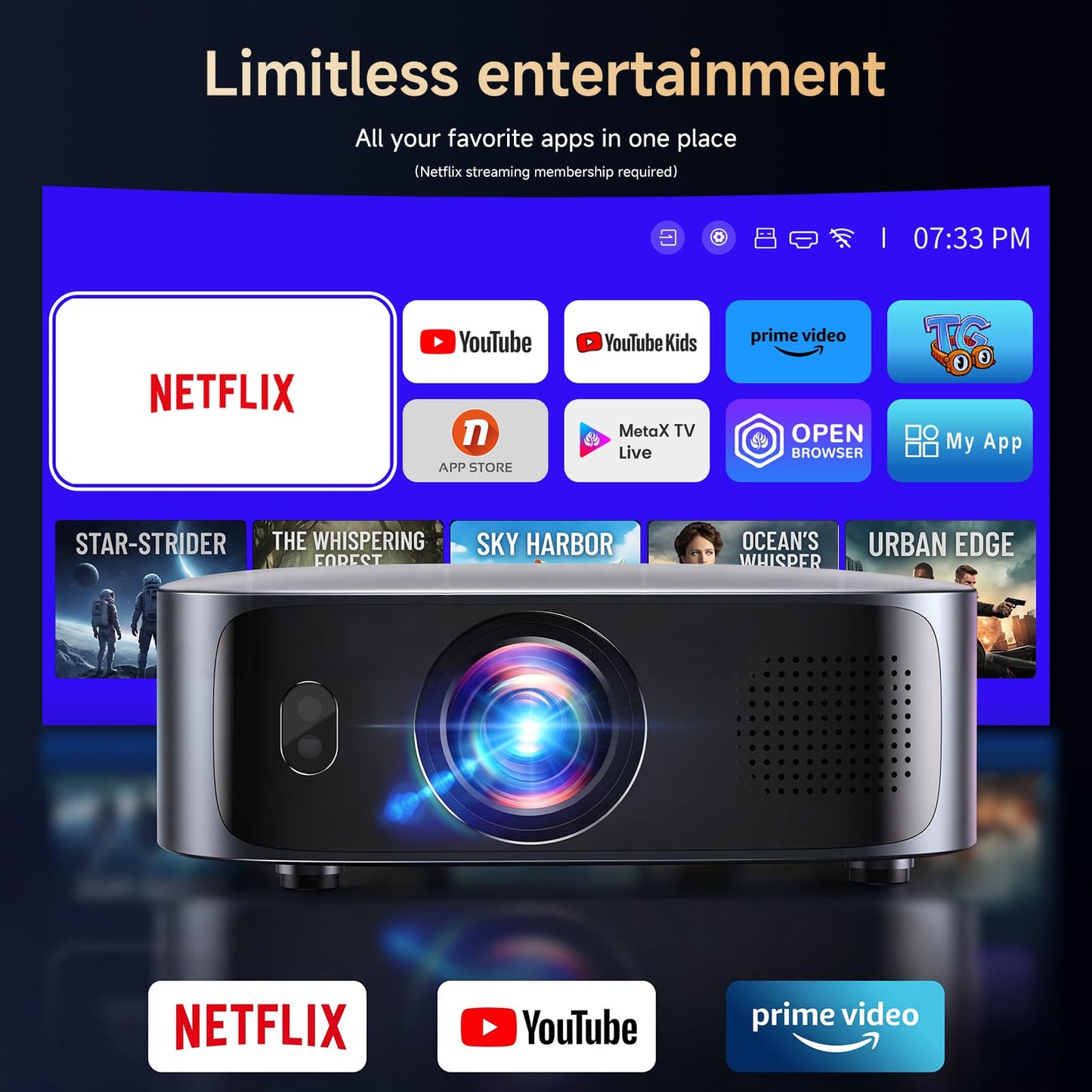Short Throw Projector 4K with WiFi and Bluetooth,2000ANSI Auto Focus Keystone Smart Projector Built in Apps Dolby Audio Home Theater Movie Portable Outdoor Projector Ceiling Gunmetal