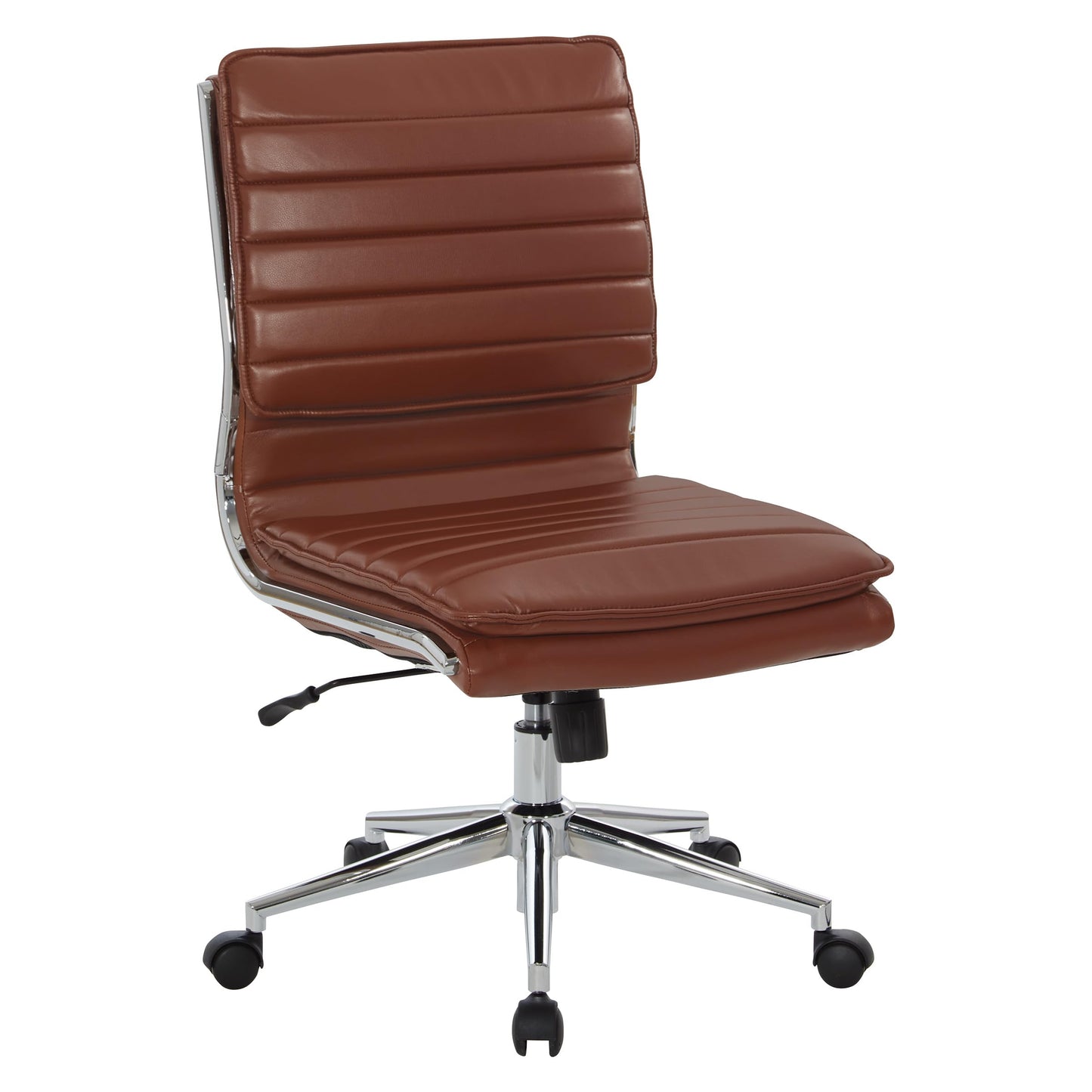 Office Star SPX Professional Ergonomic Ribbed Faux Leather Office Chair with Chrome Base, Mid Back Manager's Chair Without Arms, Saddle Brown