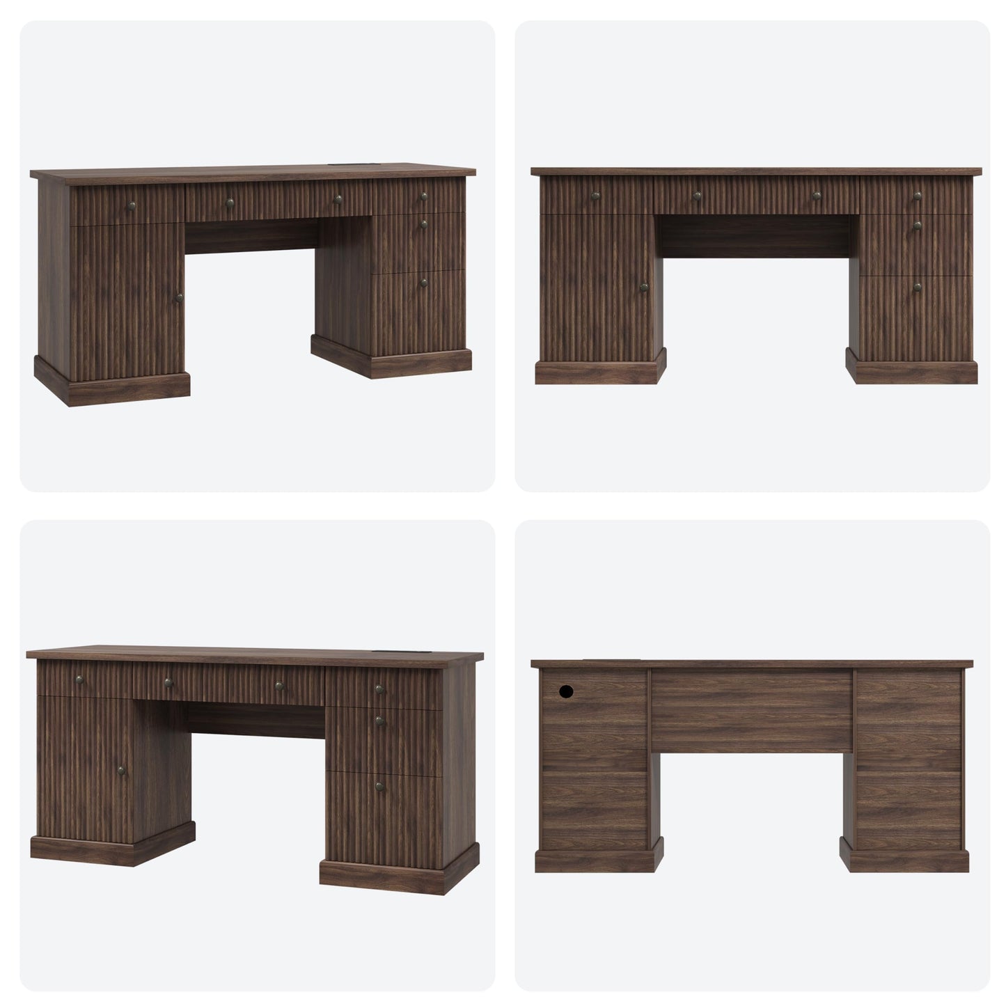 Garvee 60" Office Desk with Storage & Drawers. Fluted Wood Computer Desk with Power Outlet & Adjustable Shelves.Modern Executive Desk for Home Office/Bedroom/Gaming-Brown
