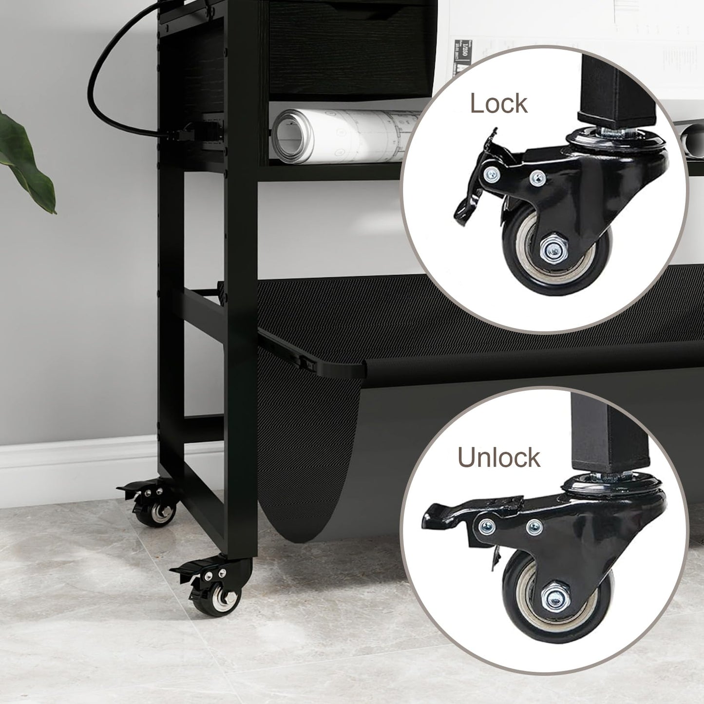 Natwind Wide Format Printer Stand, Plotter Workbench Table with Pull-Out Drafting Storage, Roll Paper Holder, Accessory Drawer, Adjustable Storage Shelf for Plotters and Cutting Machines (Black)