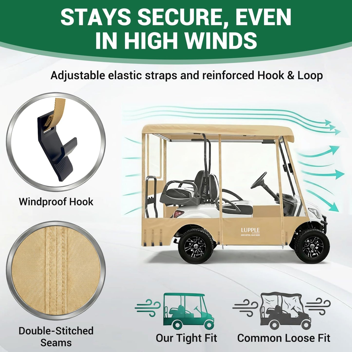 LUPPLE Universal 80 Inch Golf Cart Enclosure for EZGO TXT RXV, Fit Club Car Onward Tempo, Golf Cart Enclosure 4 Passenger Extended Roof, 600D Waterproof Windproof Rain Cover Khaki