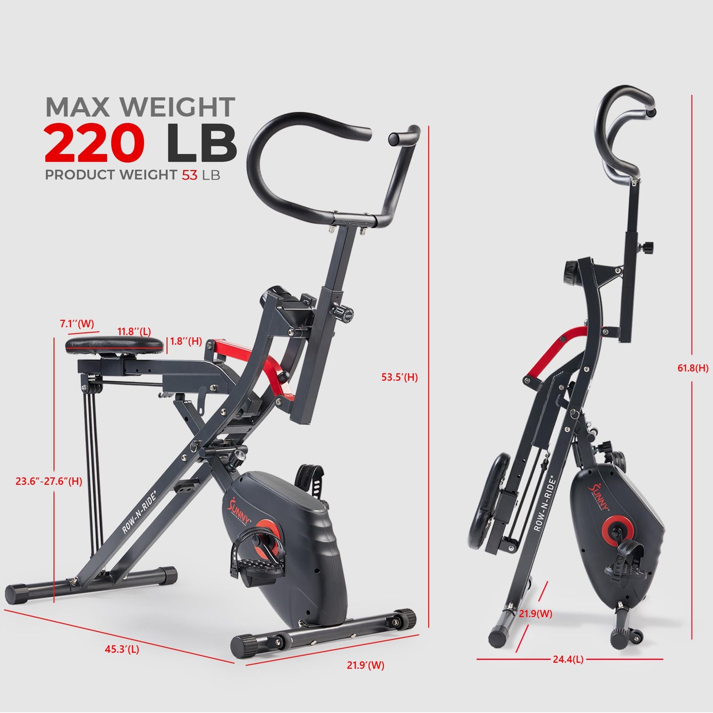 Sunny Health & Fitness Upright Bike + Row-N-Ride Dual Function Home Rower Squat Machine & Stationary Cycling Full Body Combo Cardio Ab Machine for Stomach Workout Fitness Machine - SF-A022077
