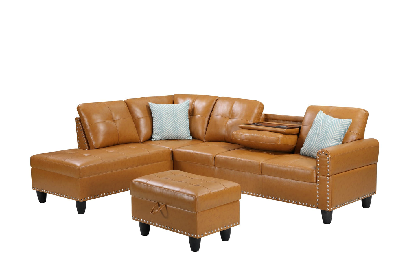 Favfurish 98" L Shaped Sectional Sofa Set with Storage Ottoman Reversible Back Cushion Cupholders,Faux Leather Upholstered Modular Couch for Living Room,Office,Home Furniture,Ginger