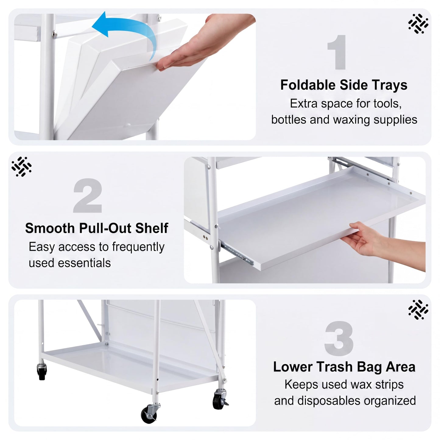 DaisyInner Foldable Waxing Cart Trolley with Wheels, 3-Tier Esthetician Rolling Wax Cart with Pull-Out Tray & Trash Bin, Wax Warmer Storage Station for Salon Spa Massage, White, 12" L x 26" W x 37" H
