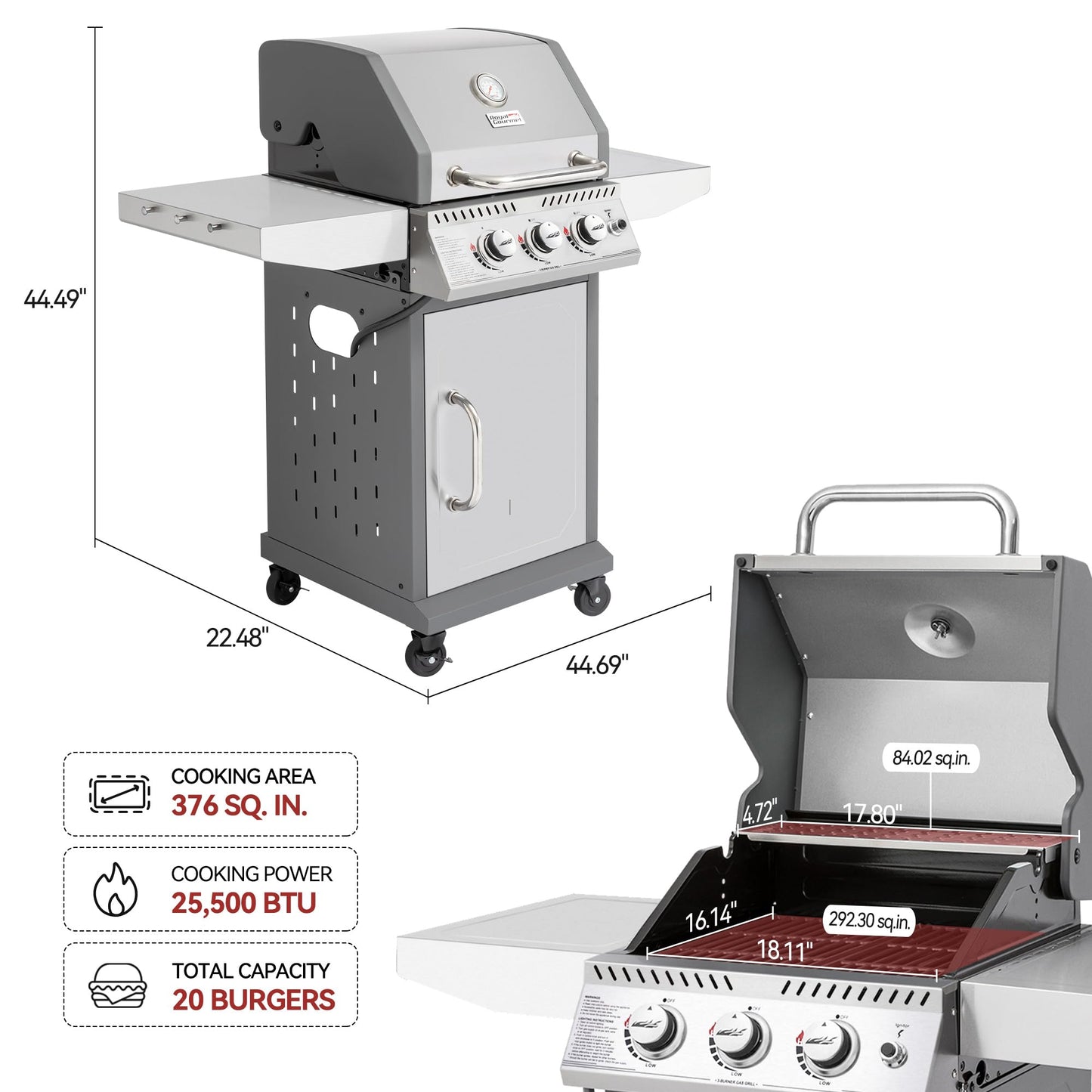 Royal Gourmet GG3001S 3 Burner Propane Gas Grill with Warming Rack, Stainless Steel Cabinet Style Gas Grill with 25,500 BTUs Output for Barbecue Grilling & Backyard Cooking, Silver