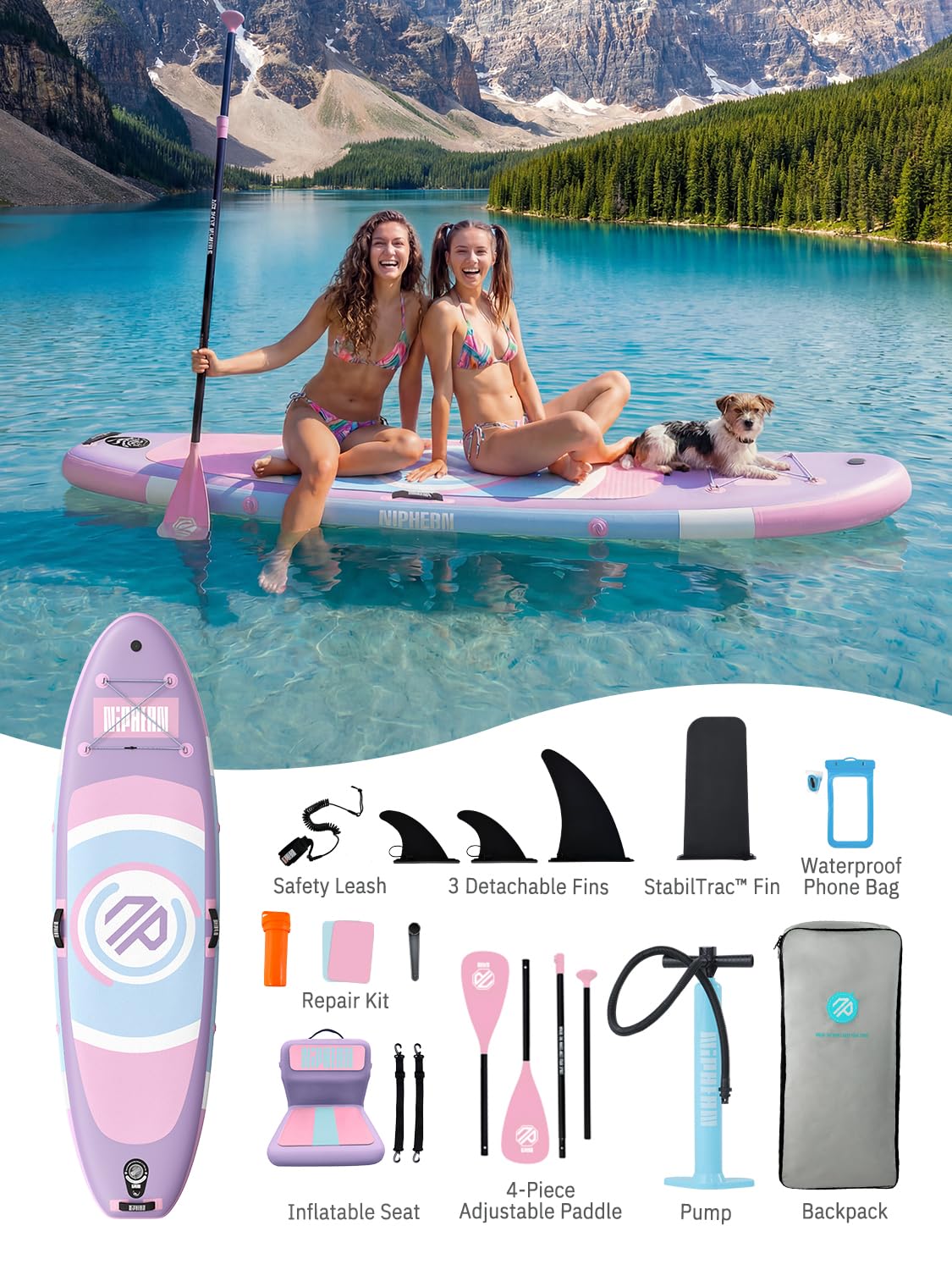 Niphean（Ultra-Light） Inflatable Paddle Board with StabilTrac Fin and Durable SUP Accessories, 10' Stand Up Paddle Boards for Adults & Youth, Versatile Yoga Paddle Board-Lavender Whispers with Seat