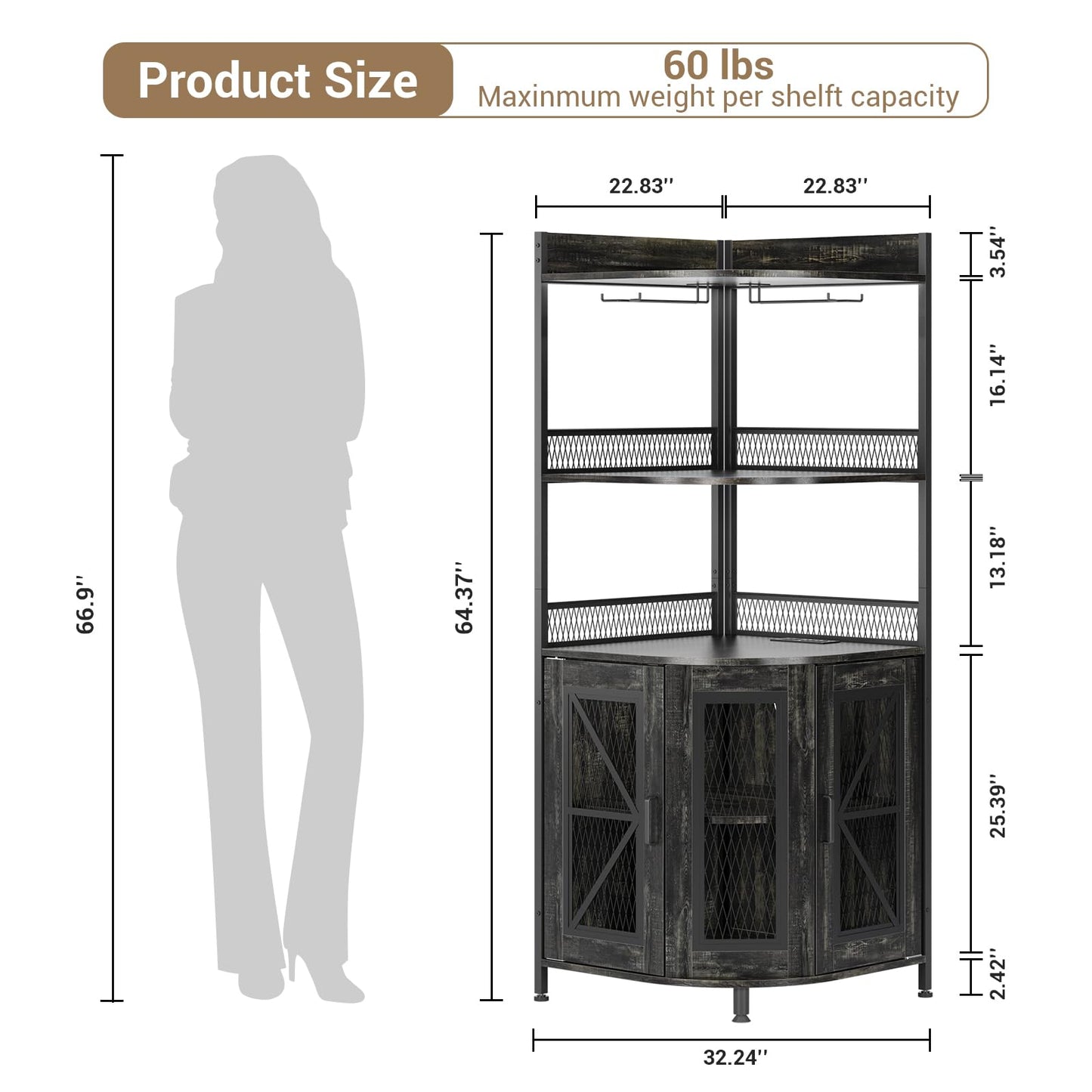 JoanKaren Corner Bar Cabinet with Power Outlet and LED Light, Coffee Bar Cabinet for Home Bar, Industrial Corner Shelf with Wine Storage, 5-Tiers Liquor Cabinet for Home, Living Room, Kitchen (Black)