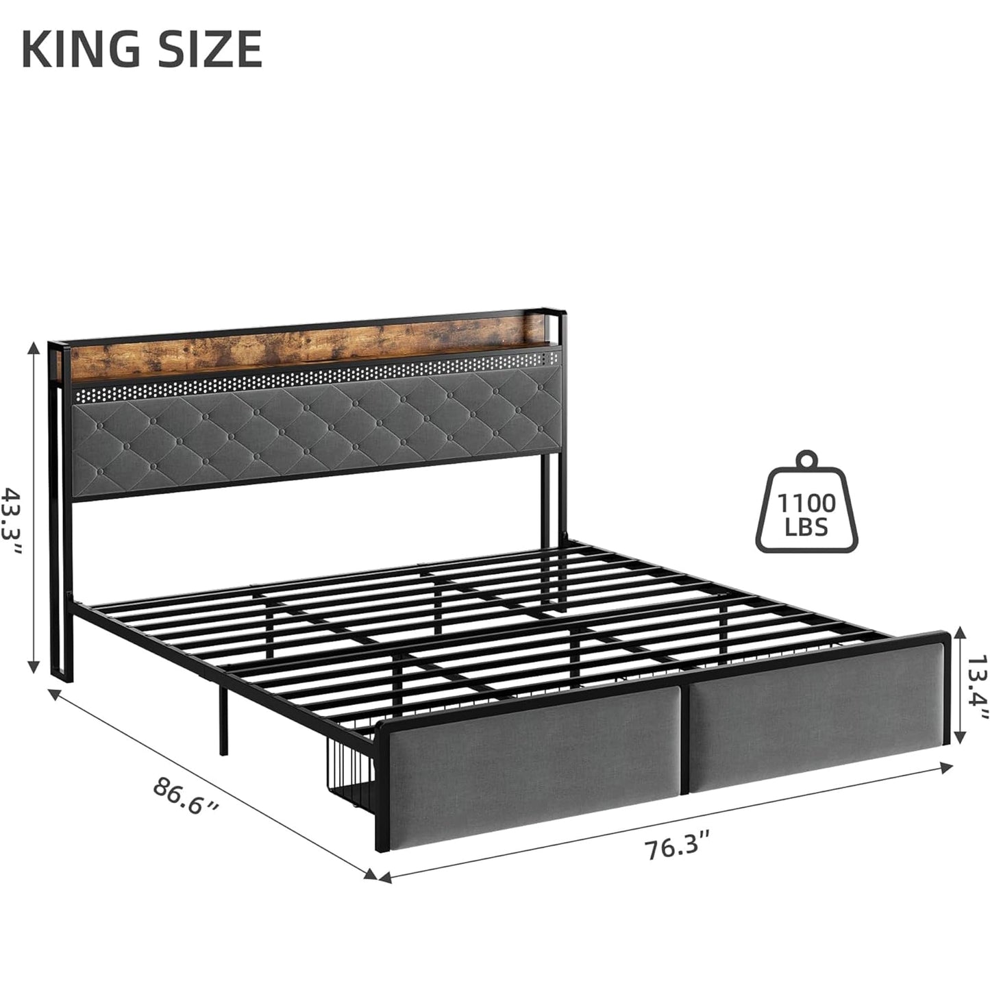 IDEALHOUSE King Size Bed Frame with Storage Headboard and 2 Drawers, Platform Metal King Bed Frame with LED Lights and Charging Station, Noise Free, No Box Spring Needed, Grey