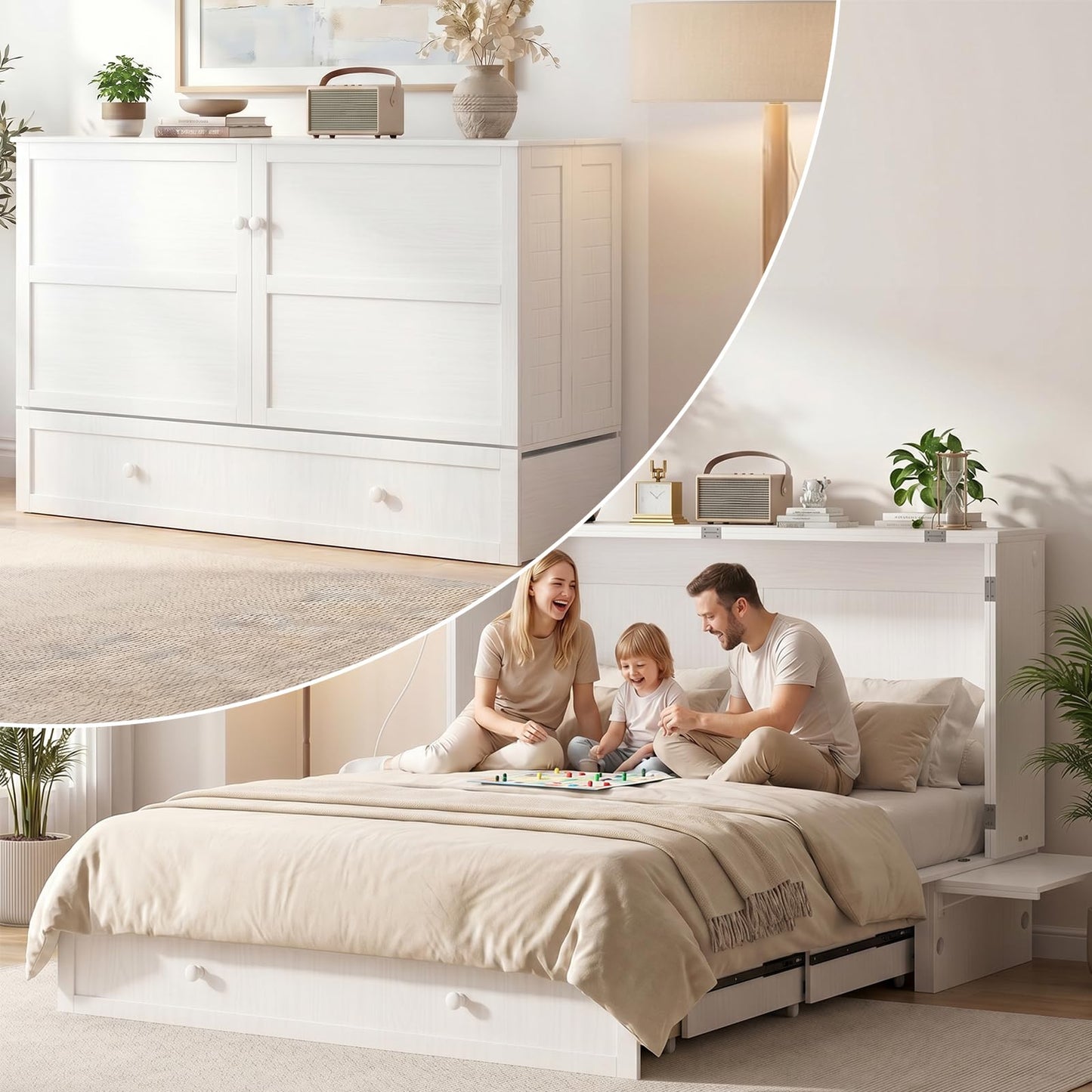 Mjkone Murphy Bed Cabinet Queen with Tri-Fold Mattress Included & USB Charging Station, Modern Versatile Solid Wood Chest Cabinet Wall Bed with Drawers, Adult Guest Beds for Apartment Bedroom - White