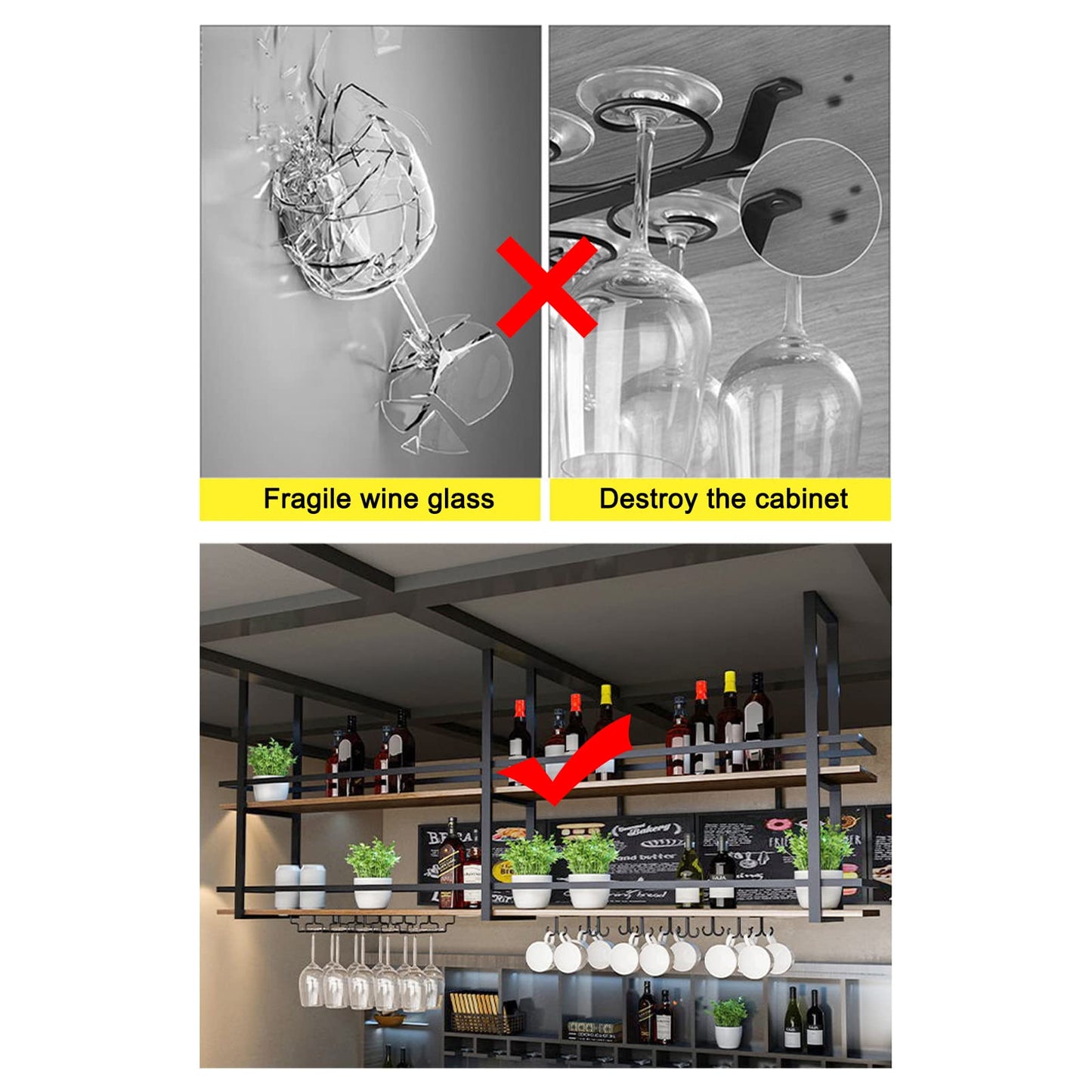 Ceiling Wine Glass Rack - 55.1in Hanging Wine Rack with Glass Holder and Shelf, 2 Layer Industrial Hanging Wine Bottle Holder, Black Metal Ceiling Shelf for Bar Cafe Kitchen (Black, 55.1×11.8×31.4in)