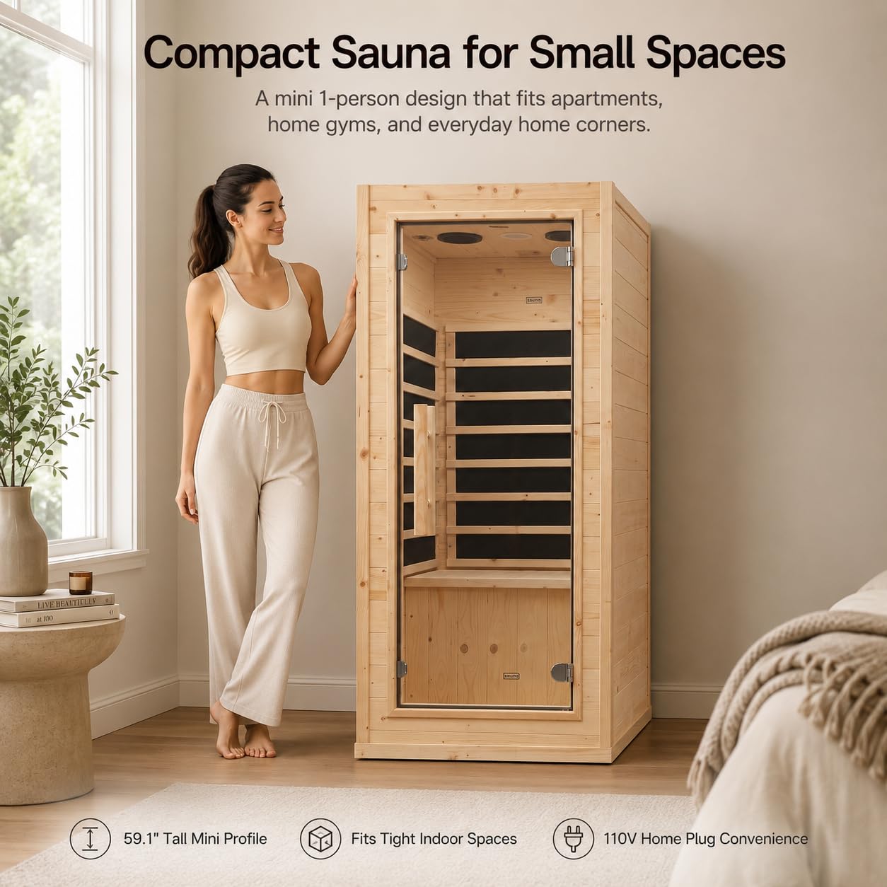 Homsido Mini 1-Person Far Infrared Sauna – Compact Spruce Wood Indoor Spa, 110V/900W Rapid Warm-Up, with Bluetooth Speaker, LED Light, and Cup Holder, for Home Relaxation (4.9 ft Tall)