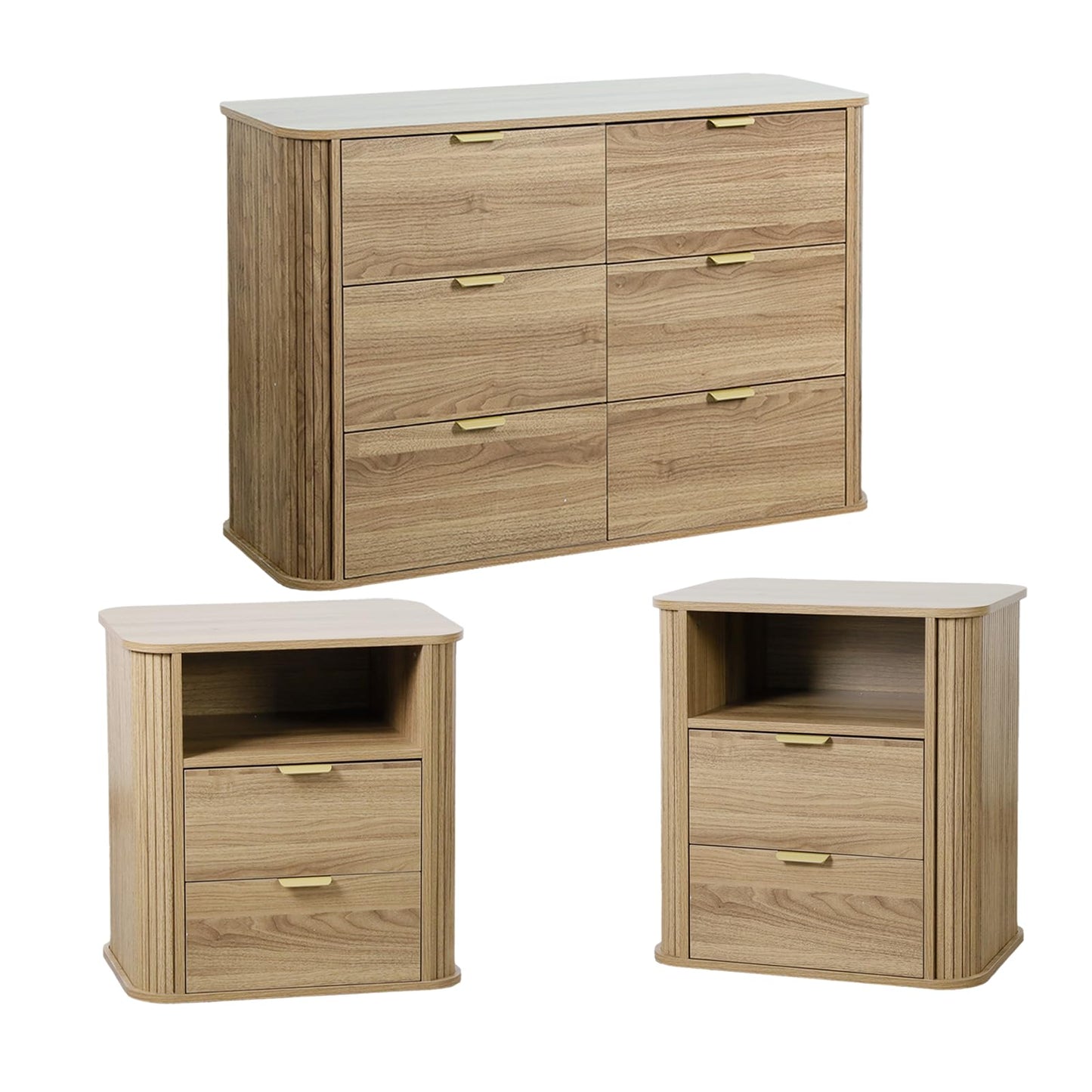 SOARMOTE 3-Piece Bedroom Furniture Set, Modern Fluted 6 Drawer Dresser & 2-Drawer Nightstands,Mid-Century Wood Storage Cabinet Set n for Bedroom, Hallway (Walnut)