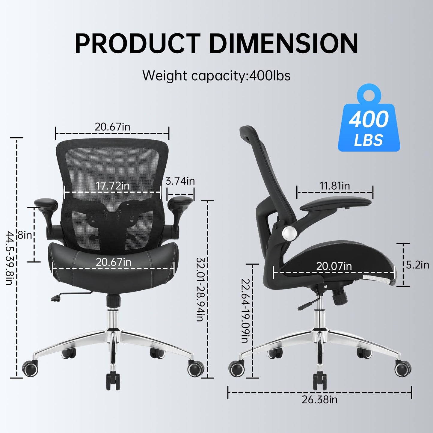 Big and Tall Office Chair 400lbs, Ergonomic Desk Chair with Wide 3D Modeling Foam Seat Cushion Heavy Duty Computer Chair with Adjustable Lumbar Support & Arms, Mesh Executive Chair for Home Office