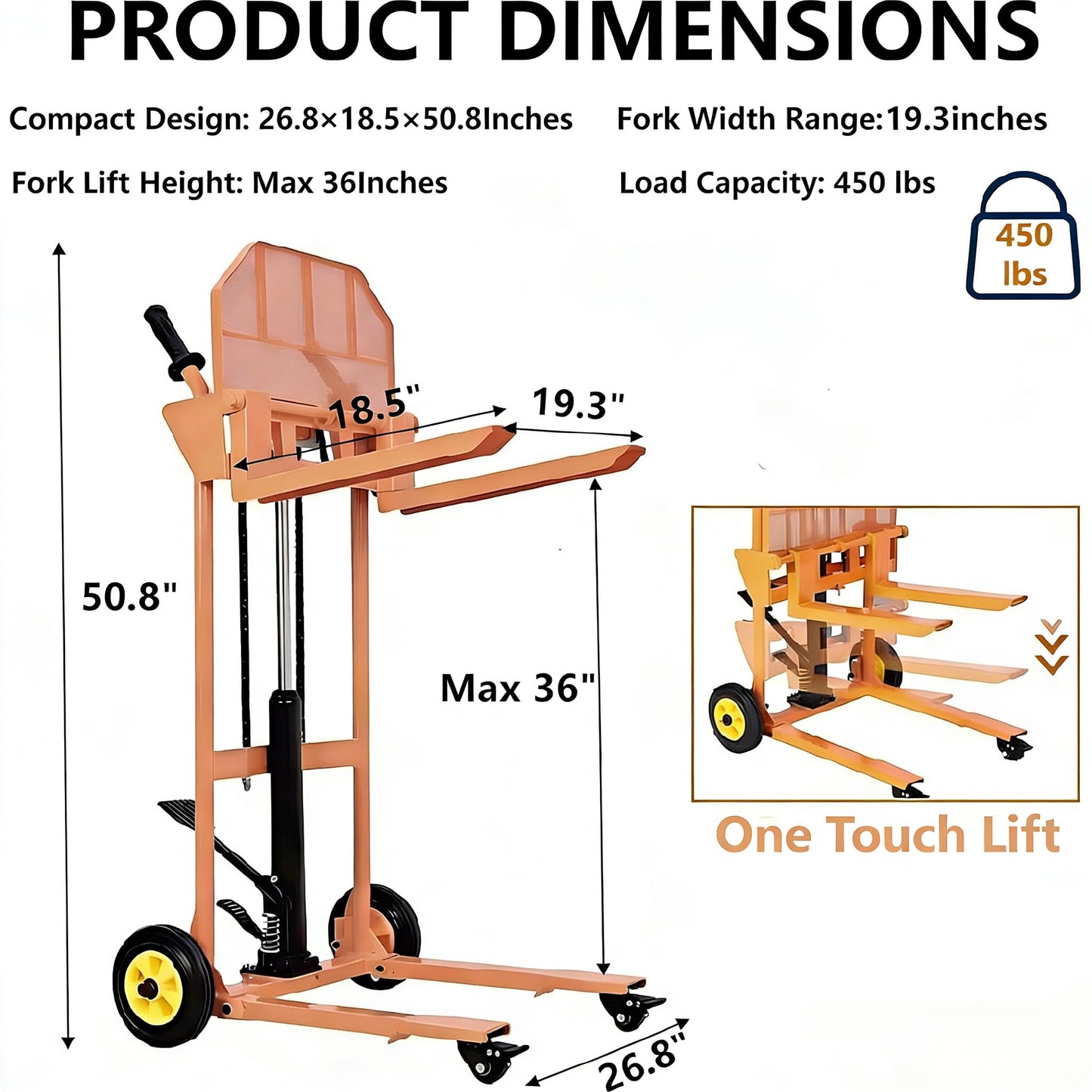 Hydraulic Material Lift with Steel Platform Board, 450 Lbs Capacity, 36" Max Lift Pallet Truck Dolly, Table Fork Lift with Adjustable-Width & Height Forks, for Garge, Workshop and Logistics Center