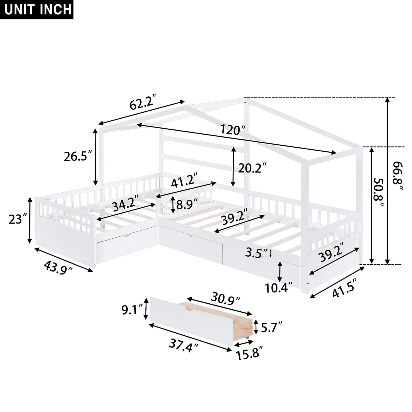 Merax House Bed for 2 Kids Twin Size, Wood L-Shaped Double Platform Bed with 3 Storage Drawers, for Boys Girls Teens, White