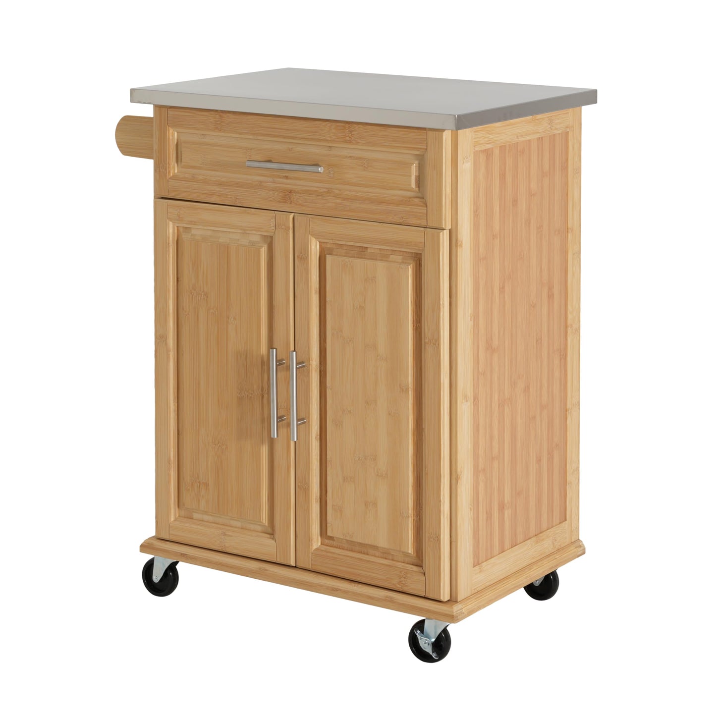 Merax Indoor Compact Bamboo Rolling Kitchen Cart with Stainless Steel Top – Mobile Storage Island with Drawer & Cabinet for Small Spaces