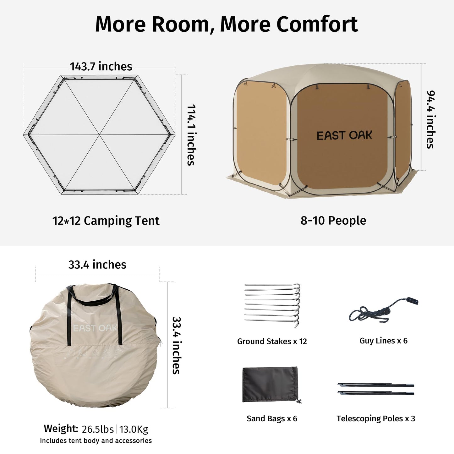 East Oak 12x12 FT Pop Up Canopy Tent with Mosquito Netting, Instant Gazebo Screen House with 6 Sunshades, UPF 50+ UV Protection Waterproof Outdoor Shelter for Patio, Backyard, Deck & Camping, Beige