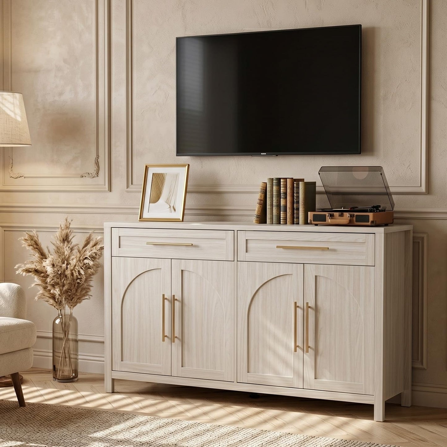 FNeL Mid-Century Modern Arched Sideboard, 55" Buffet Cabinet with Storage, 4-Door Accent Cabinet, Long Sideboard Buffet Table for Kitchen, Living Room, White