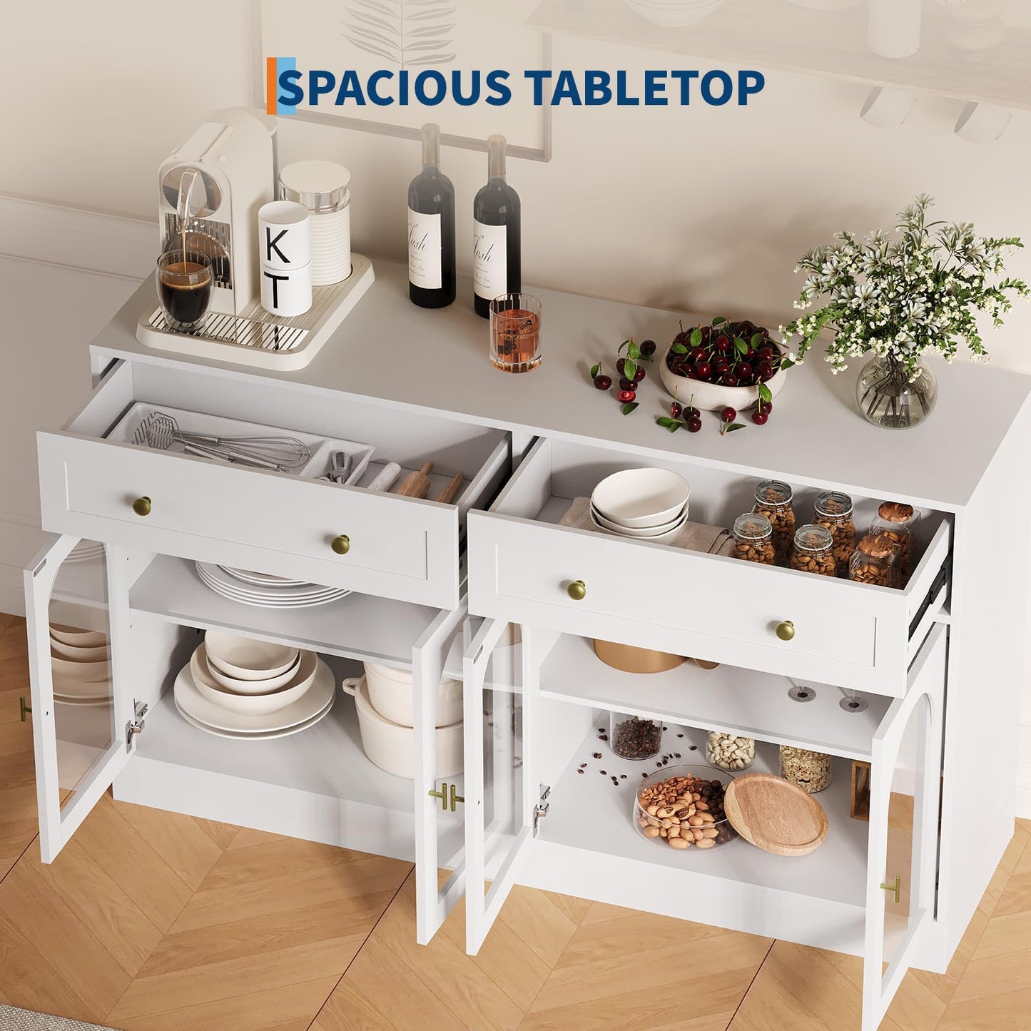 GarveeHome 55 in White Fluted Buffet Cabinet, Modern Sideboard with Drawers & 4 Transparent Acrylic Doors, Wood Kitchen Storage Cabinet for Dining Room, Living Room Accent Furniture