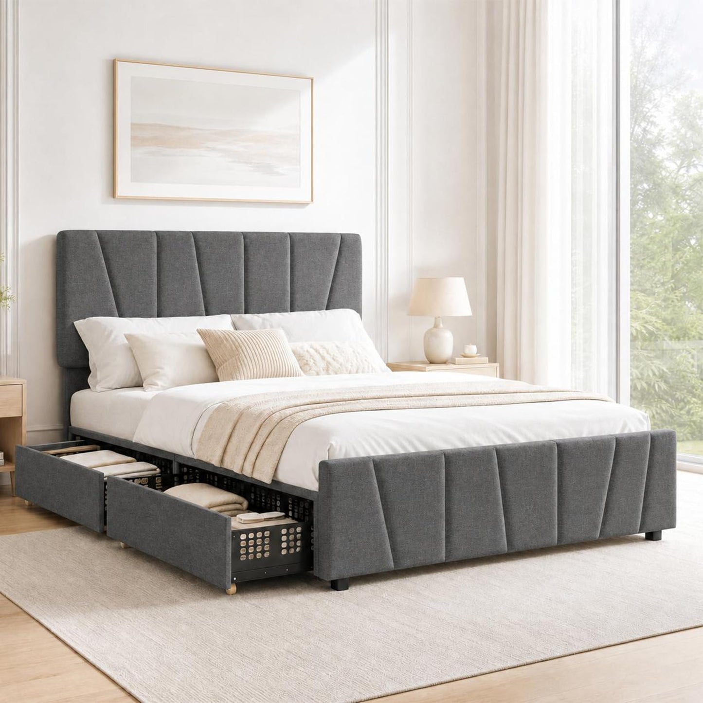 Queen Size Bed Frame with Upholstered Headboard & 4 Storage Drawers with Wheels, Platform Bed Frame with Wooden Slat Support, Adjustable Headboard, No Box Spring Needed, Noise-Free, for Bedroom