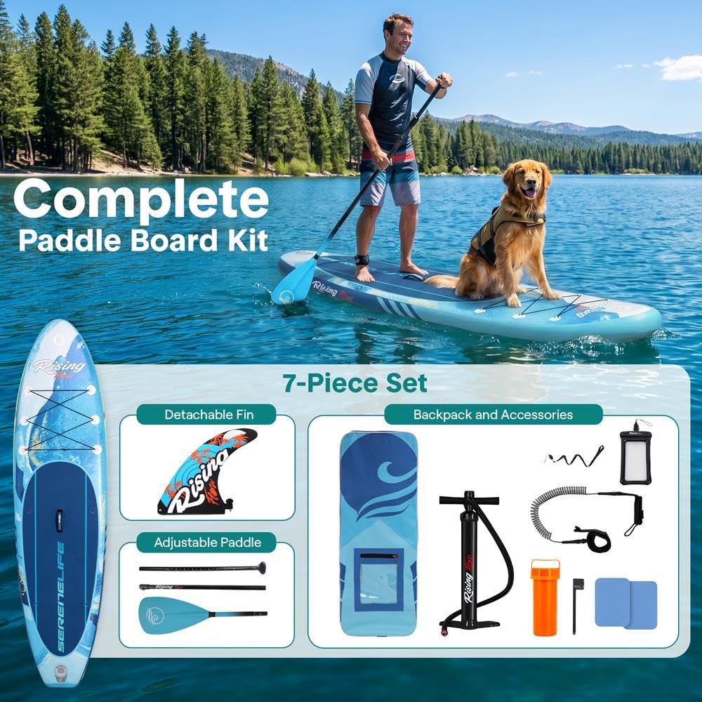 SereneLife Inflatable Stand Up Paddle Board - Wide Stable Design, Non-Slip Deck for Adults & Youth with Premium Paddle Board Accessories: Carry Bag, Dual Action Pump, Paddle, Ankle Leash - 10'6"