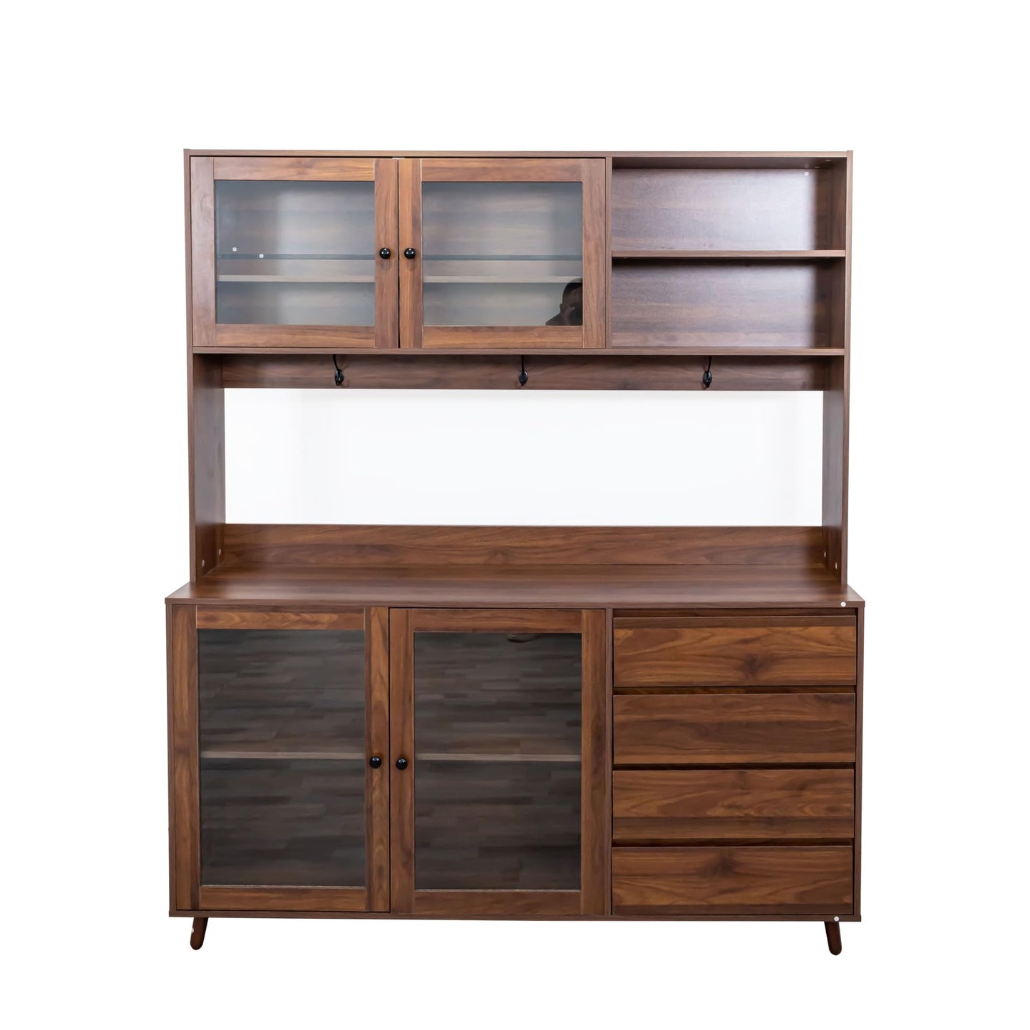 Ball & Cast 63" Large Kitchen Hutch Cabinet with Multi-Layer Shelves and 4 Doors & Drawers,Freestanding Pantry Storage Cupboard with Microwave Shelf,for Kitchen,Apartment,Livingroom,Walnut