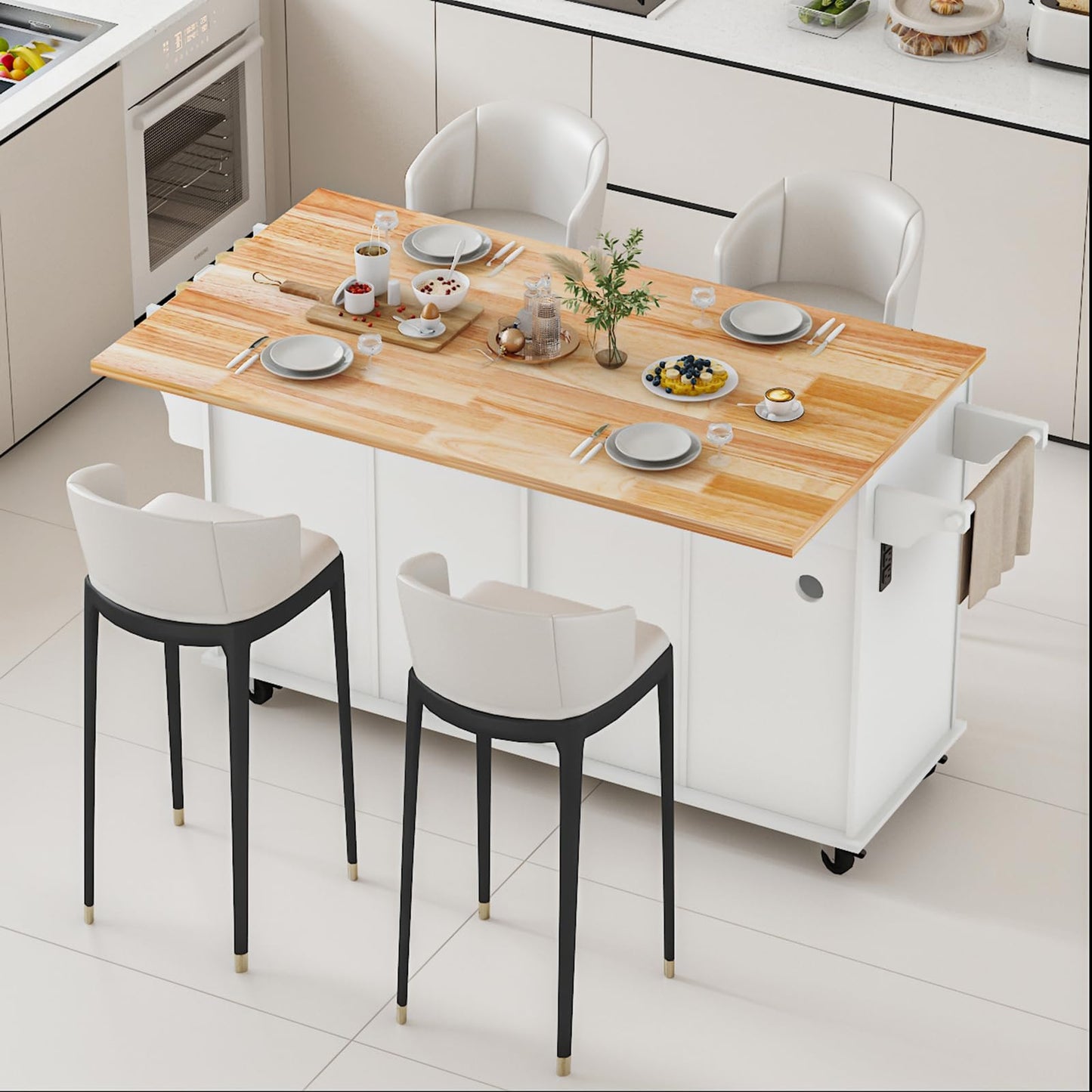 JassmiPkwy 67’’ Movable Kitchen Island with Drop Leaf and Power Outlet, Lockable Sliding Countertop Rolling Island Cart with 2 Large Drawers, Spice, Towel Rack,White