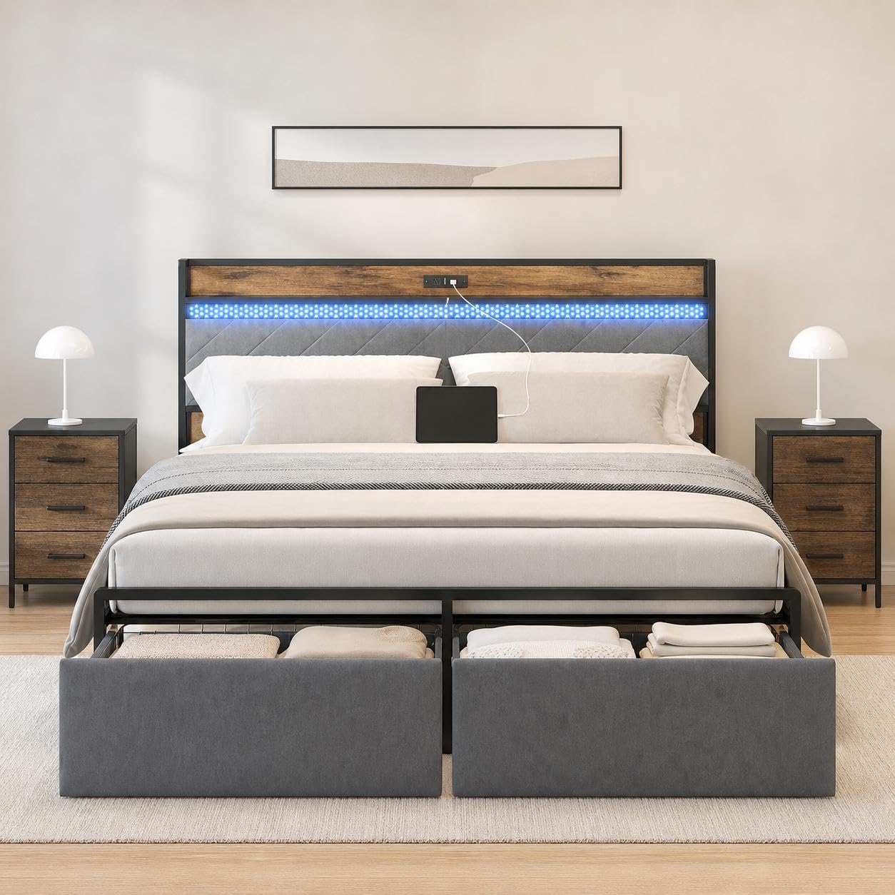GarveeHome King Bed Frame with 2 Storage Drawers, LED Bed Frame with 2-Tier Storage Headboard&Charging Station, Metal Platform Bed Frame, No Box Spring Needed, Noise Free, Grey