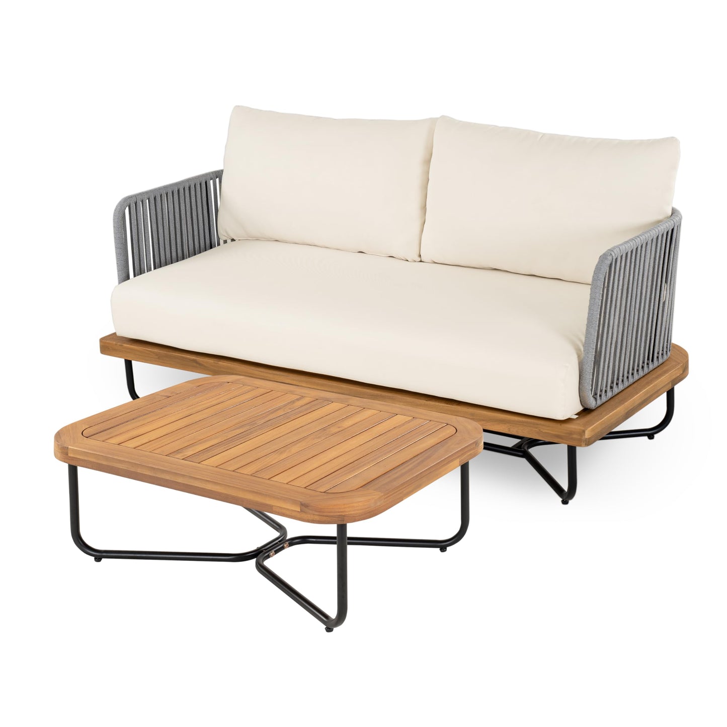 Merax 2 Piece Patio Outdoor Furniture Set, All-Weather Acacia Wood Loveseat Sofa with Cushions, 1 Coffee Table with Sturdy Base for Porch, Lawn, Backyard, Balcony, Beige+Gray
