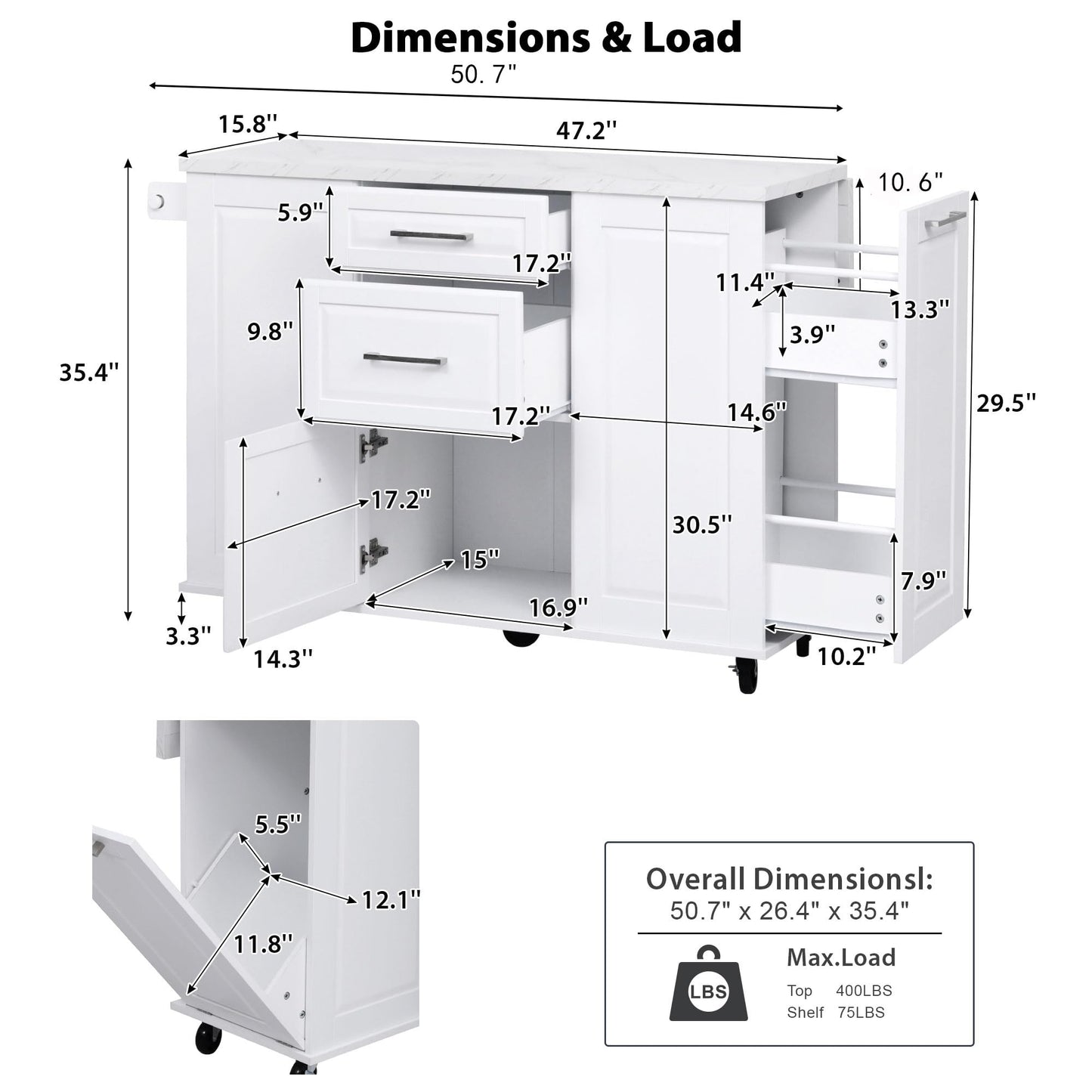 Merax 50.7" Kitchen Island with Storage Tilt Trash Can Cabinet and Pull Out Cabinet Organizer, Rolling Kitchen Island on 5 Wheels with Drop Leaf, 2 Drawers, 1Door for Dining Room, White