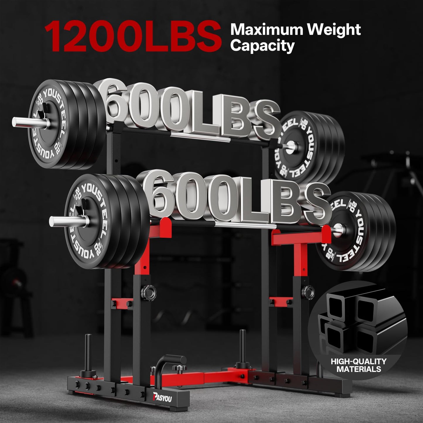 PASYOU Adjustable Squat Rack Stand, 1200 LBS Total Capacity Multi-Function Bench Press Station with Spotter Arms and Push-Up Handles Dumbbell Rack, for Home Gym Strength Training, Red