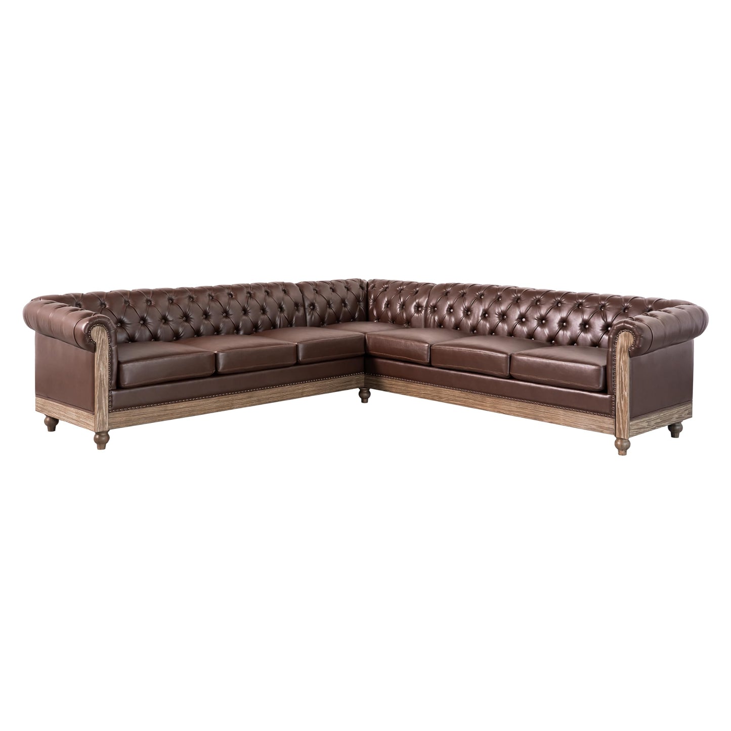 Merax PU Chesterfield Sofa, Retro Upholstered 6 Seater Leather Rolled Arm Couch for Living Room Bedroom, Dark Brown